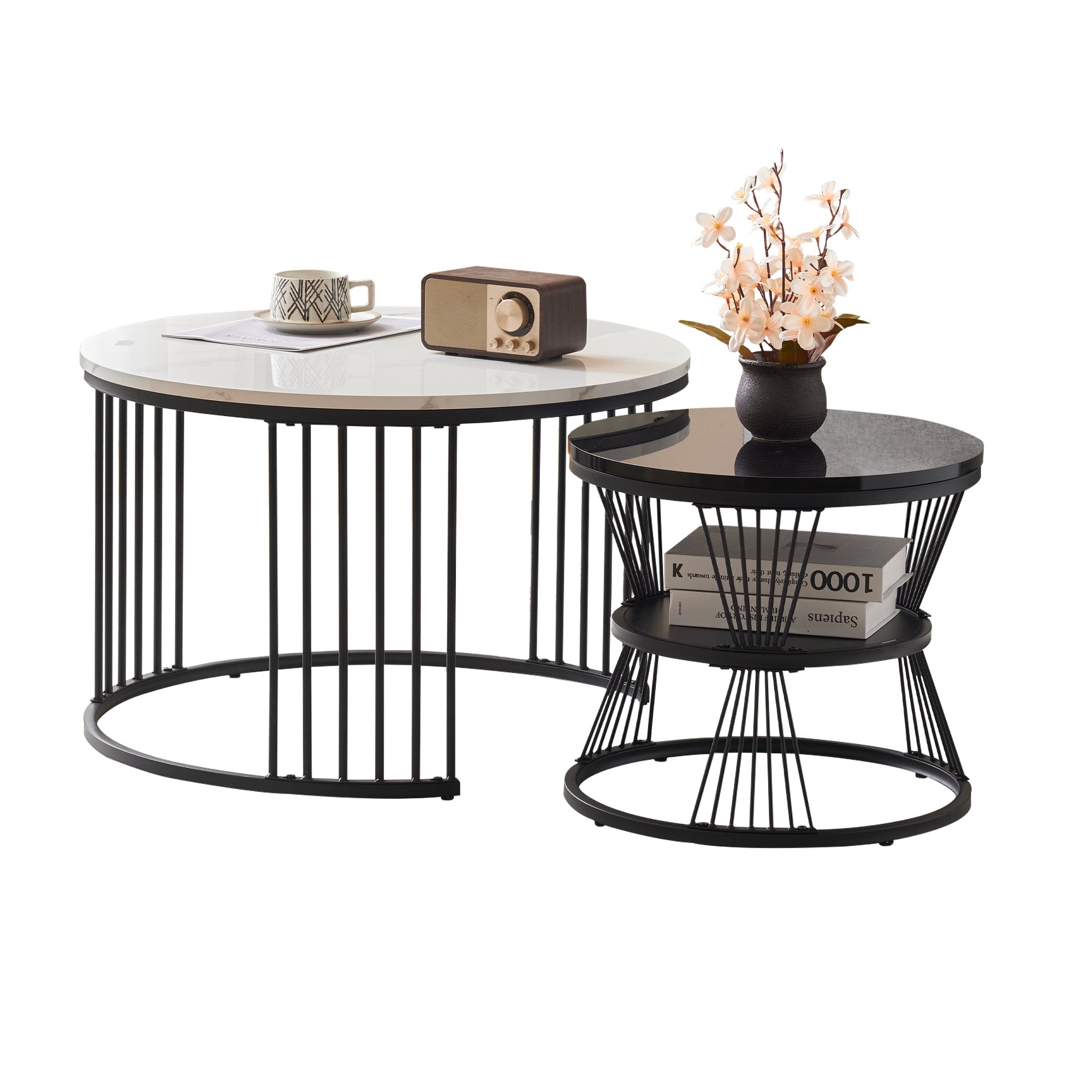 Modern Nesting Coffee Table, High Gloss Marbled, Set of 2, Black Frame