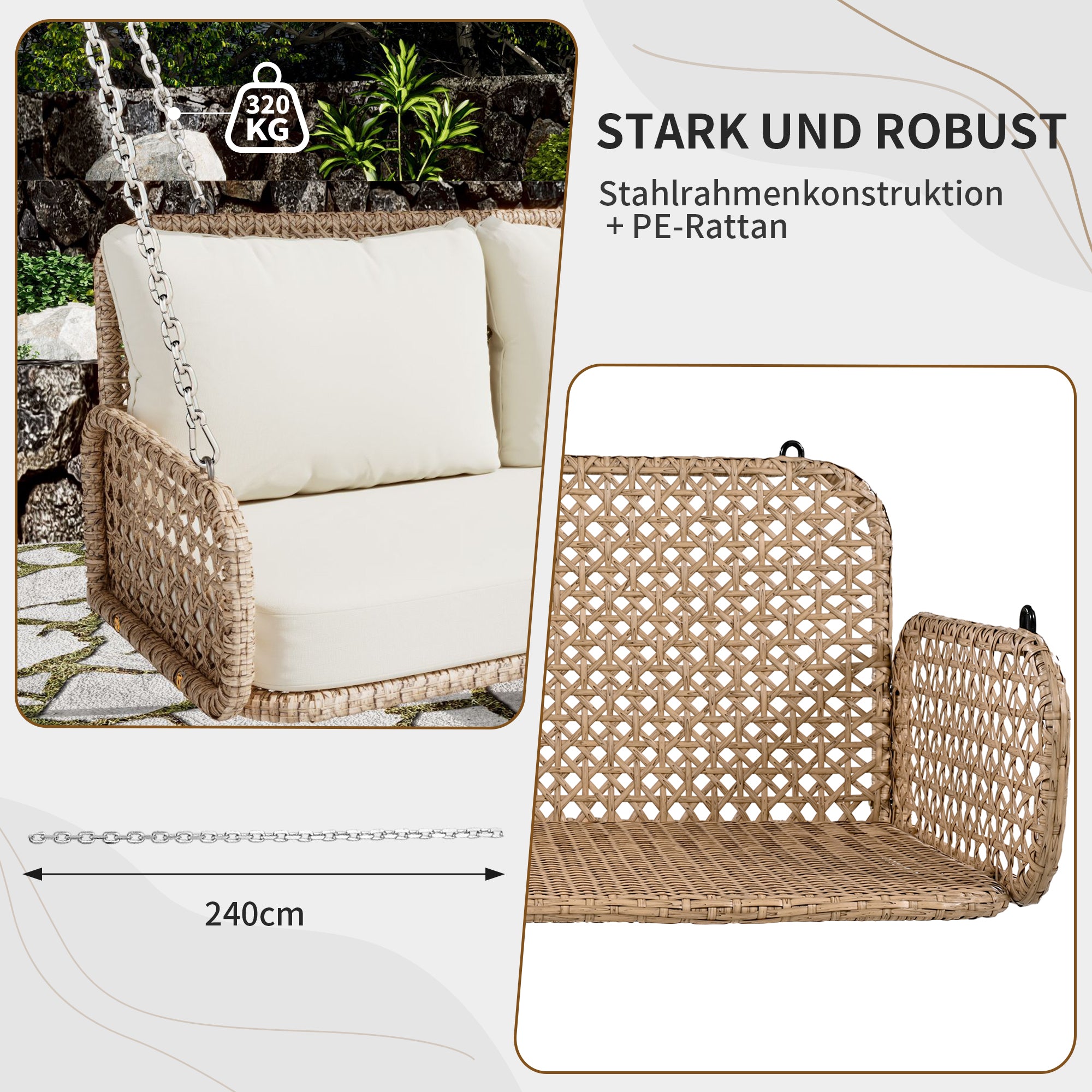 PE Rattan Double Swing Seat with Cushions and Chains, 320kg Capacity, Beige
