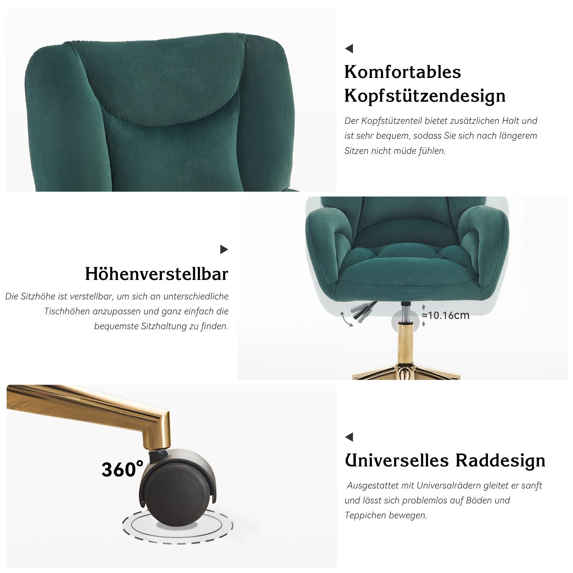 Full KD Swivel Chair, Height-Adjustable Home Office with Gold Legs, Green Velvet Fabric