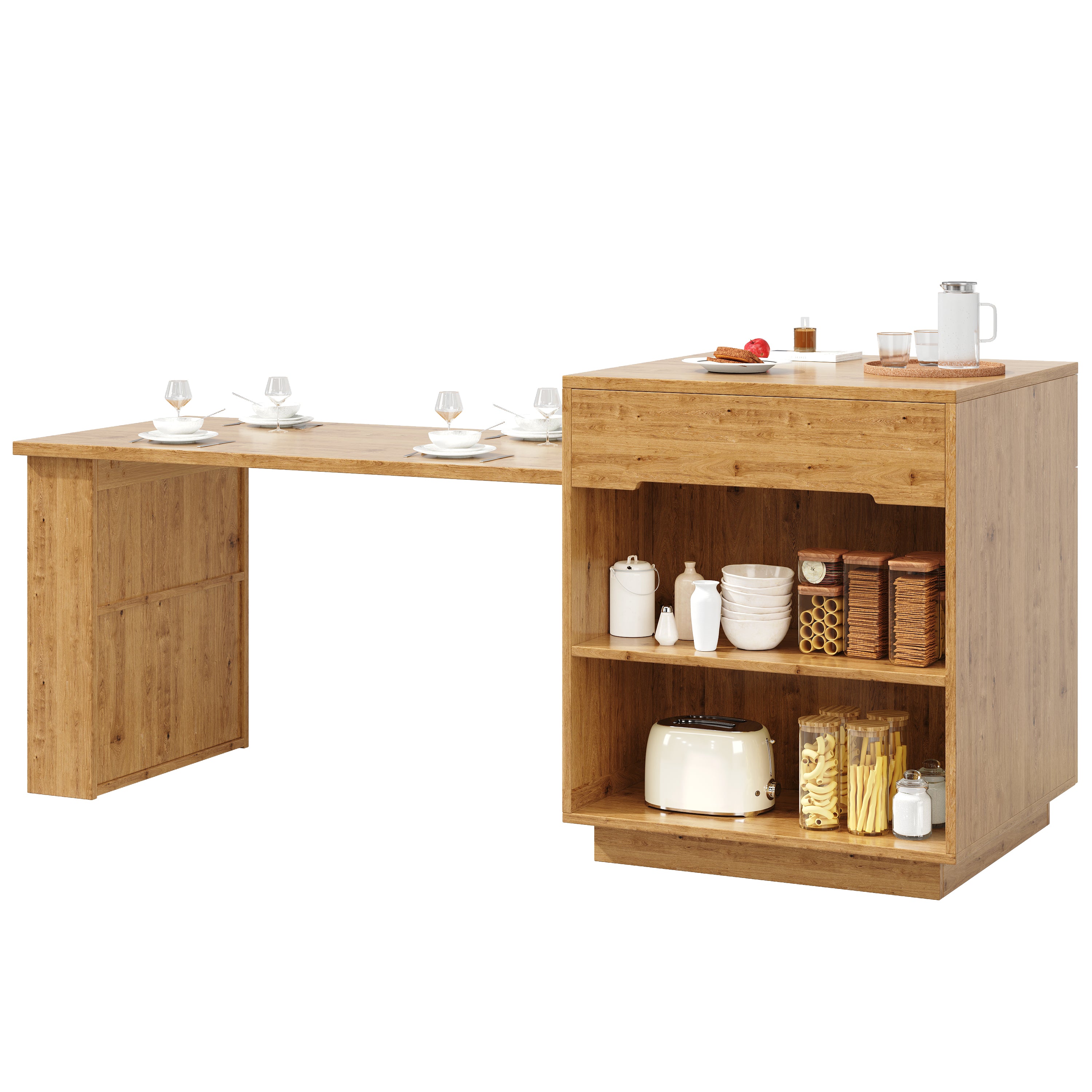Kitchen Island with Extendable Table, Multifunctional Cabinet with LED Lighting and Drawers, Oak Look