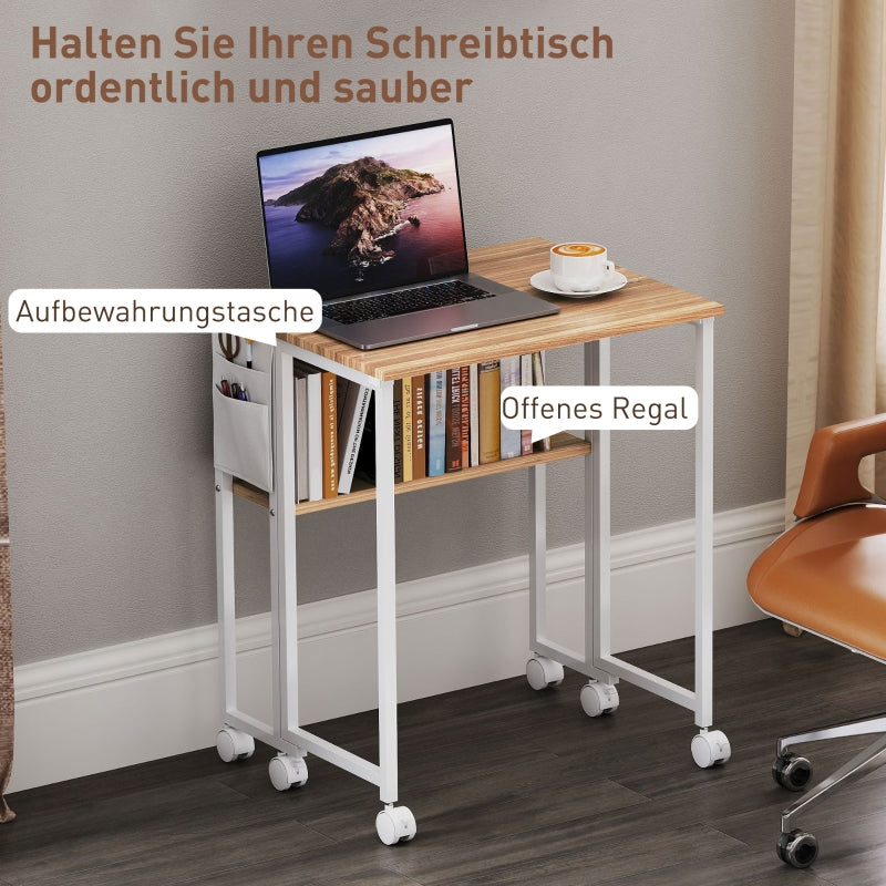 Folding Desk small 63 cm with wheels, shelf, storage bag, natural