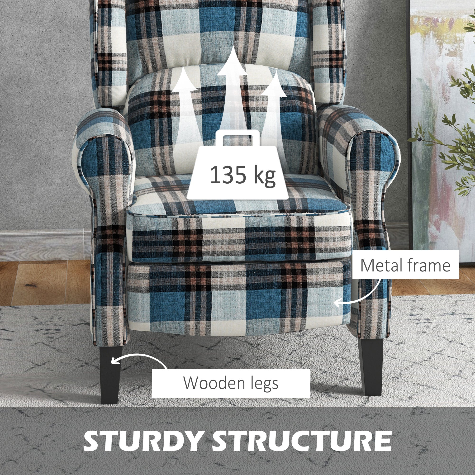 Wingback Reclining Chair Push Back Armchair with Footrest Wood Legs Blue
