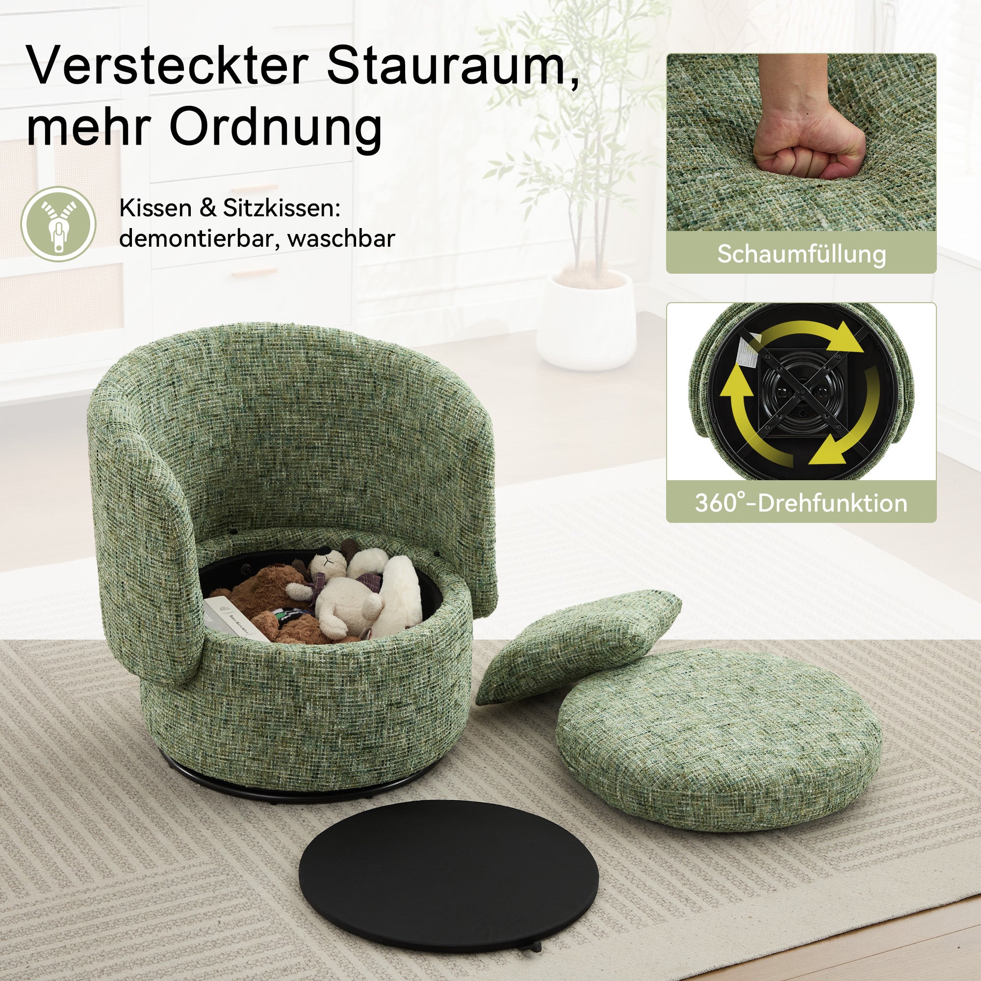 028 Swivel Armchair, 360° Rotating, Hidden Storage, Plump Back Cushion, Green