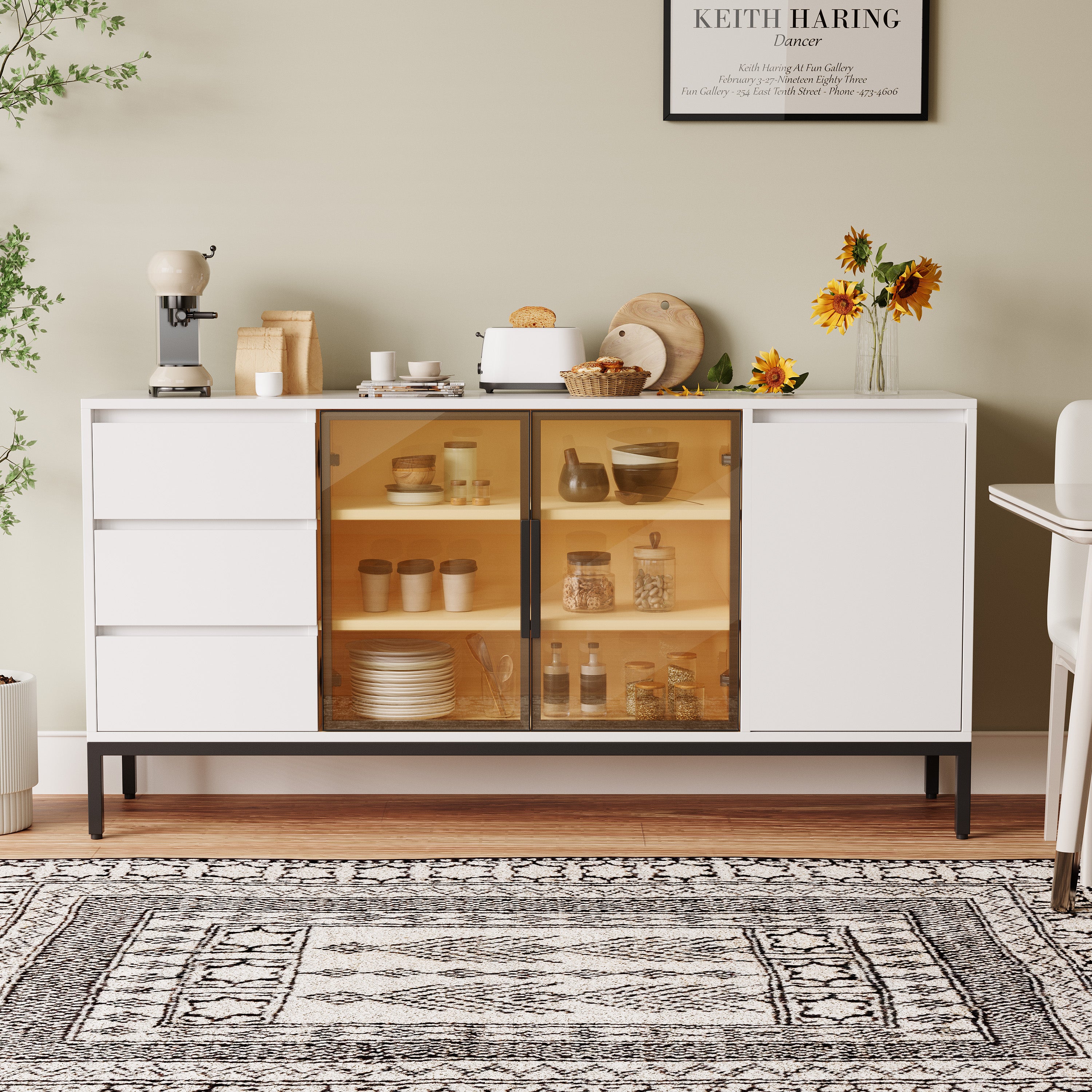 Buffet Cabinet with Doors & 3 Drawers, Pantry Console, White
