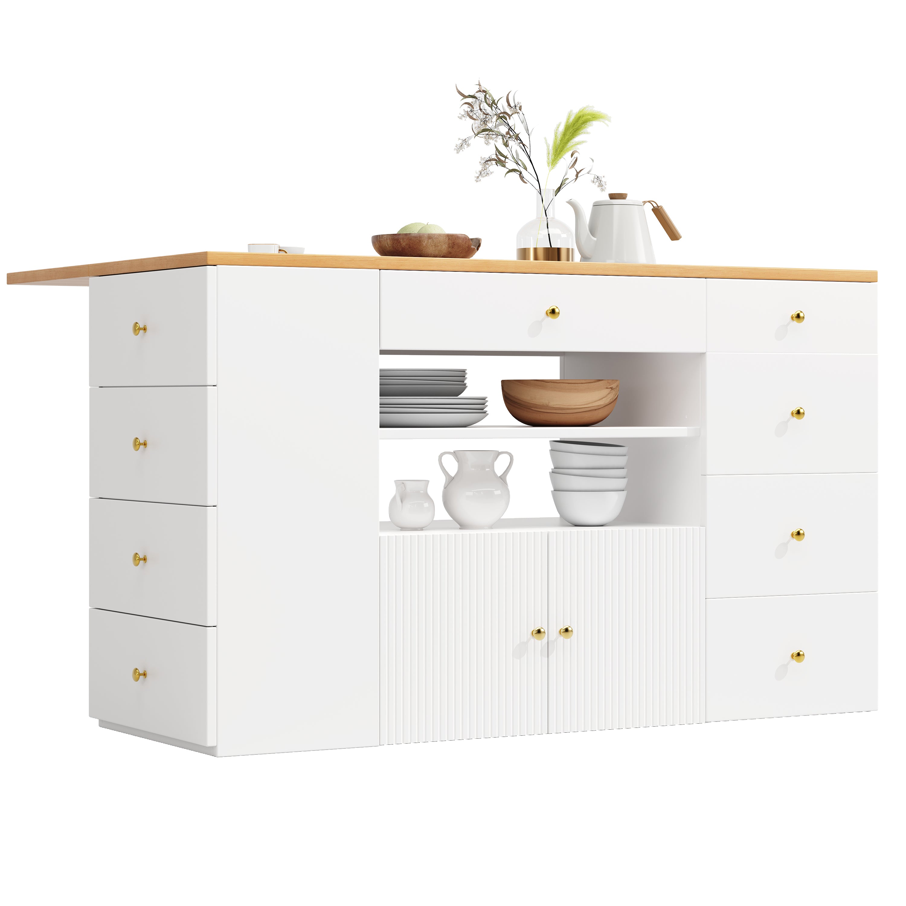 Kitchen Island Sideboard with 6 Drawers and Bar Stools, White and Black