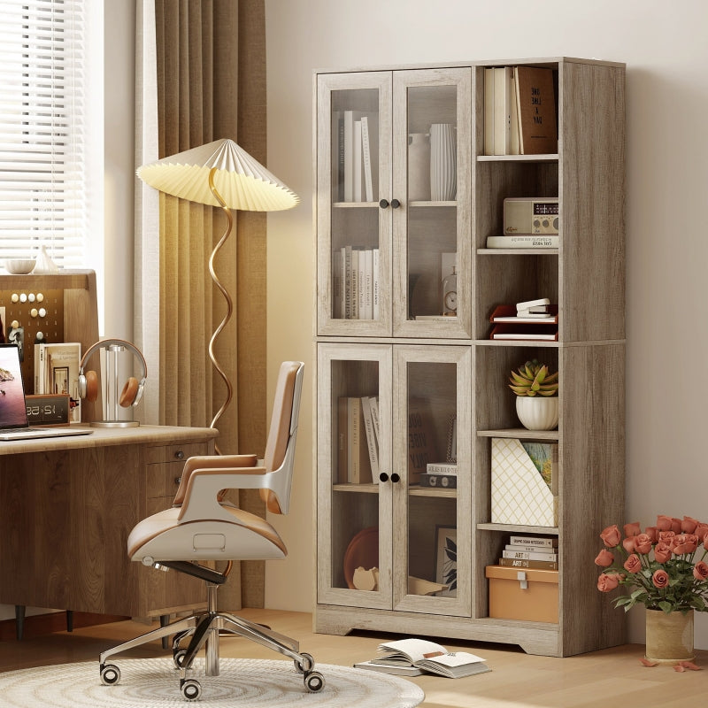 Multi-Storage Kitchen Cabinet with Glass Doors, Grey Wood-Effect