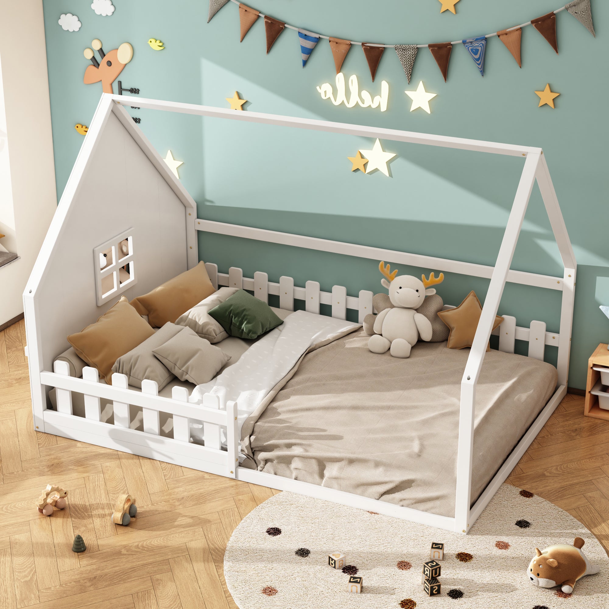 Flatbed Children's Bed with House Rail & Railing, 140x200cm Pine Wood White
