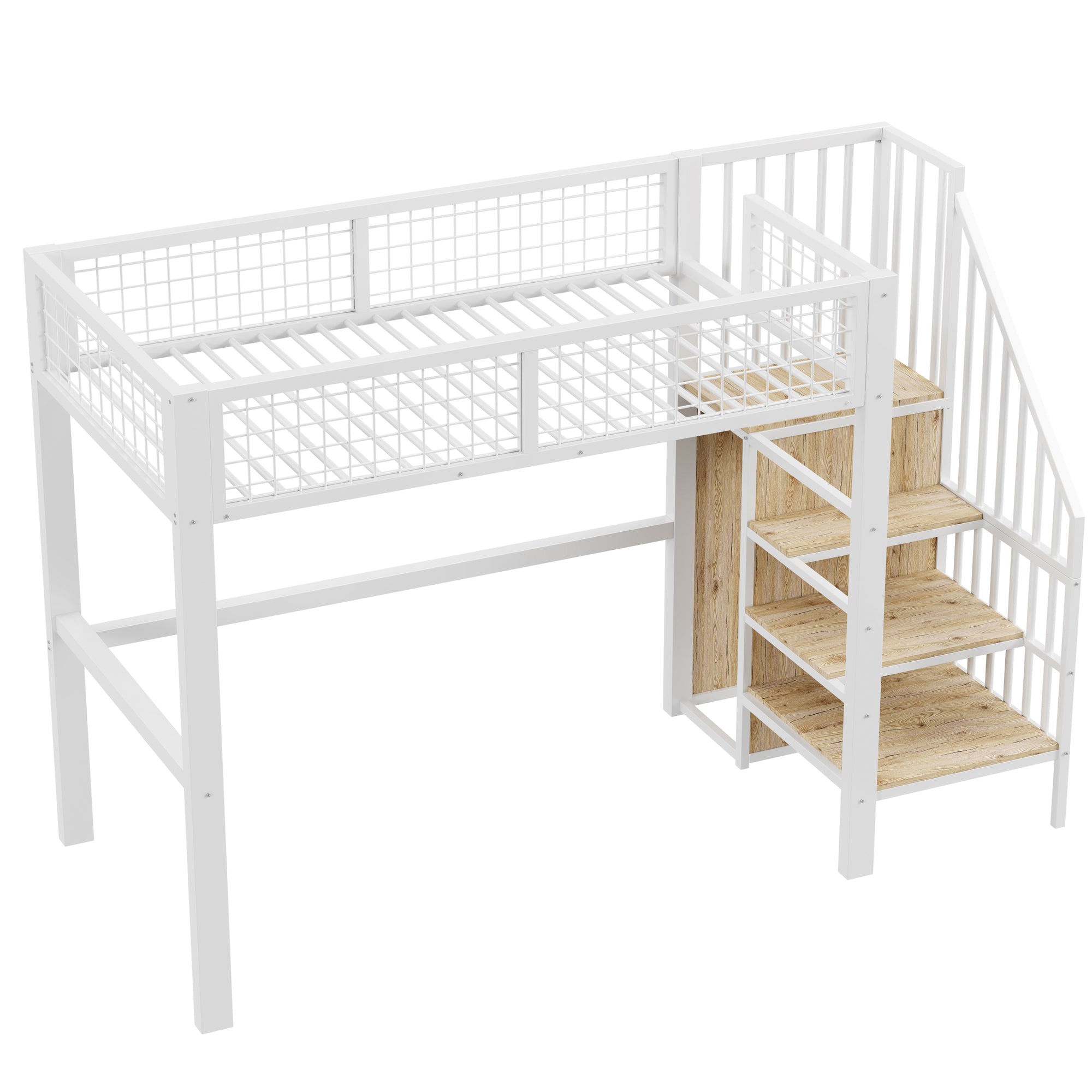 Loft Bed with Ladder, Iron Frame & Storage Shelf, White
