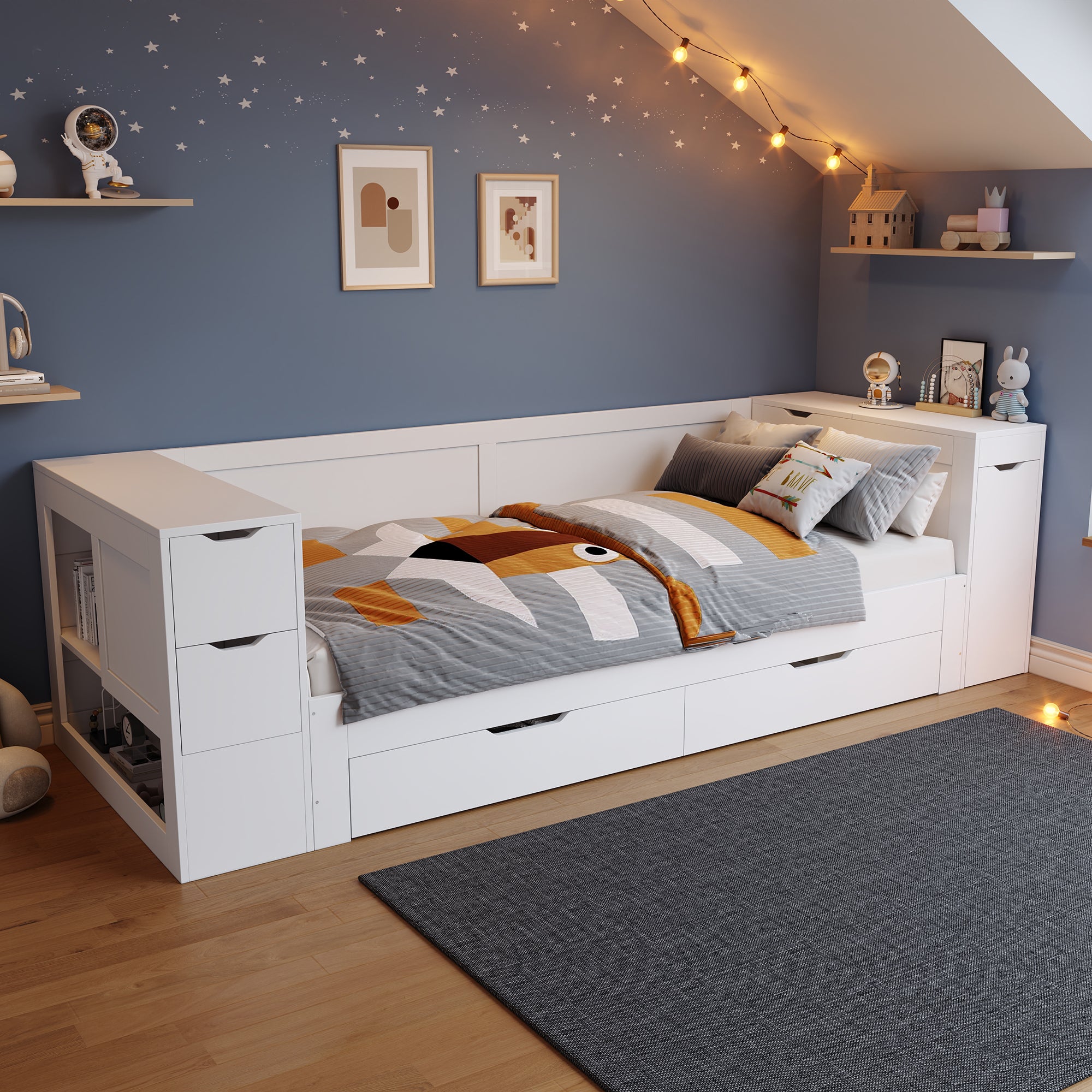 Children's Daybed 90x200cm Multifunctional Single Bed with Storage Drawers Shelves and Bedside Table White