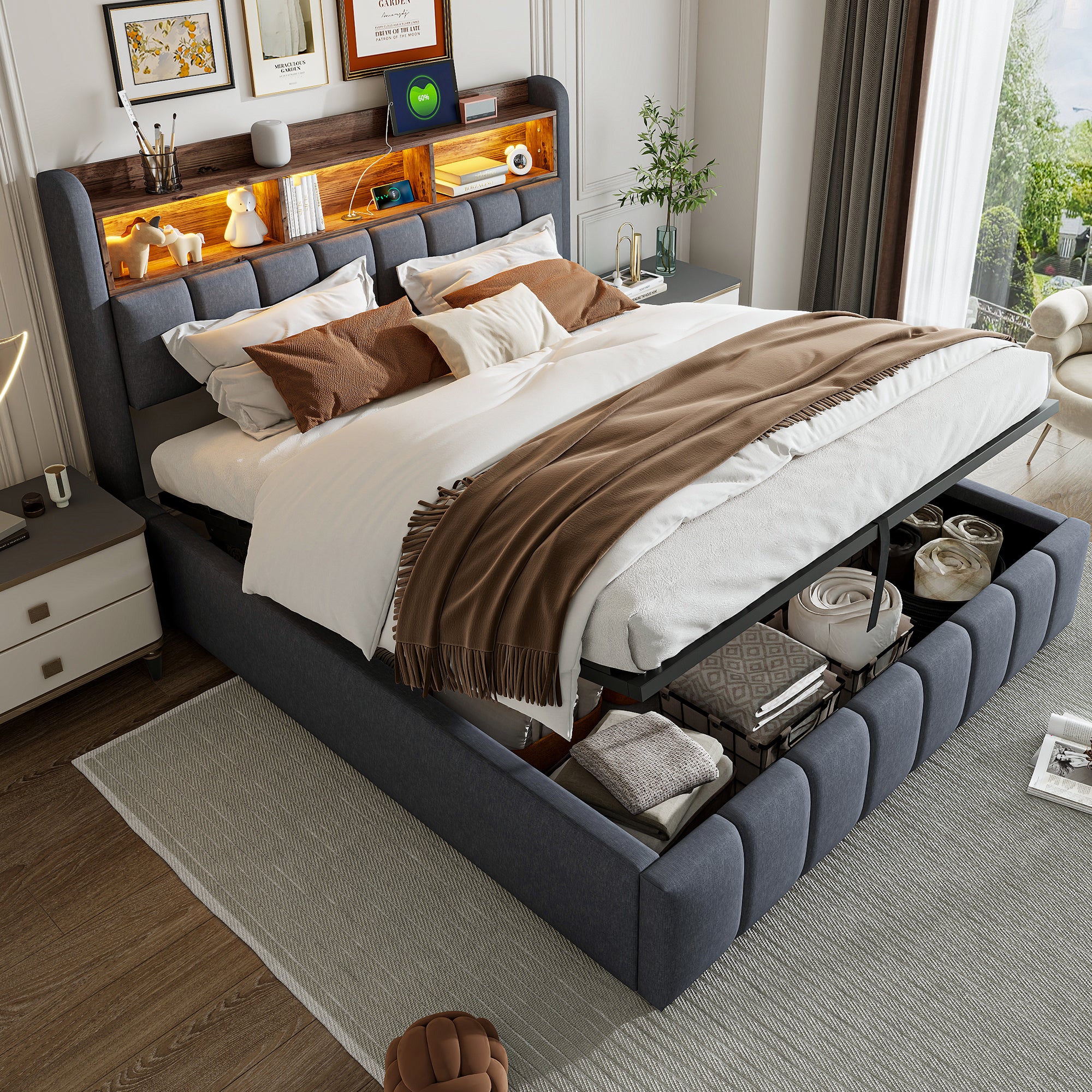 Upholstered Bed 180x200cm LED USB Hydraulic Storage Headboard | Linen Fabric Grey