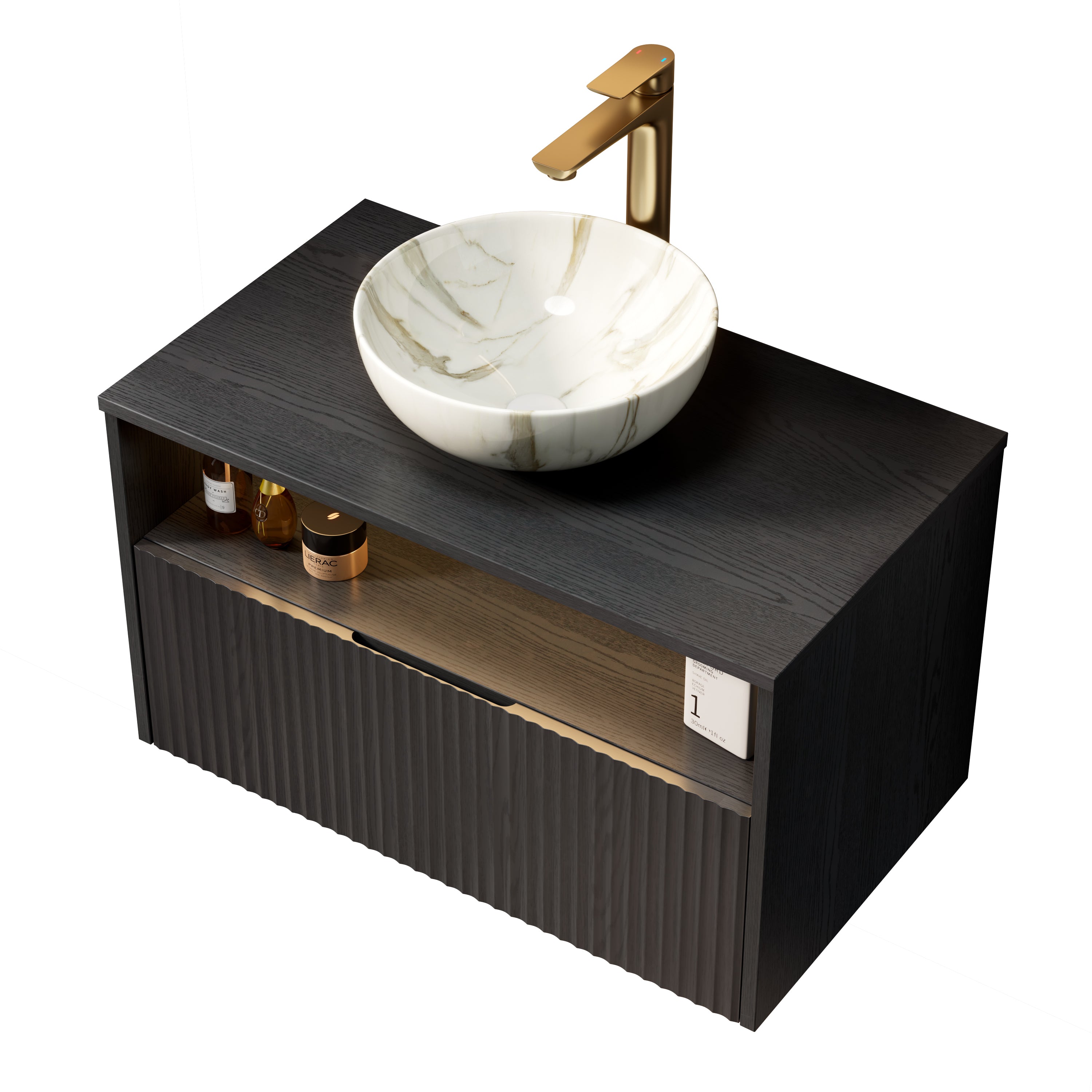 Floating Bathroom Vanity with Ceramic Basin and Sensor Light, 80cm Plywood, Black