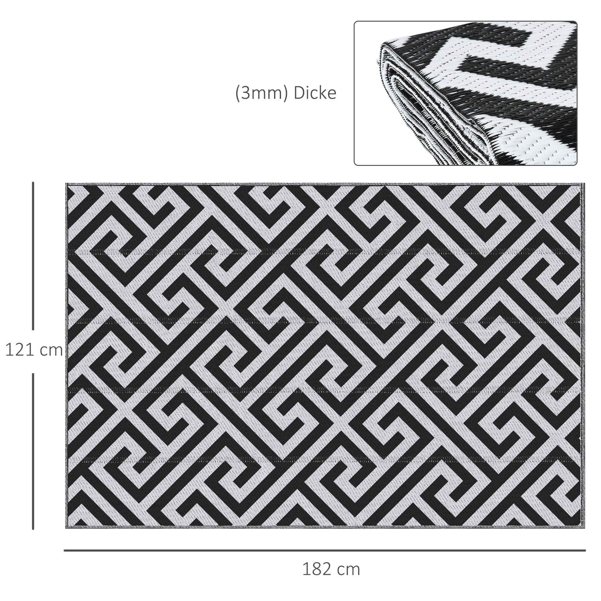 Outdoor Rug, Water-Repellent Double-Sided, Black and White