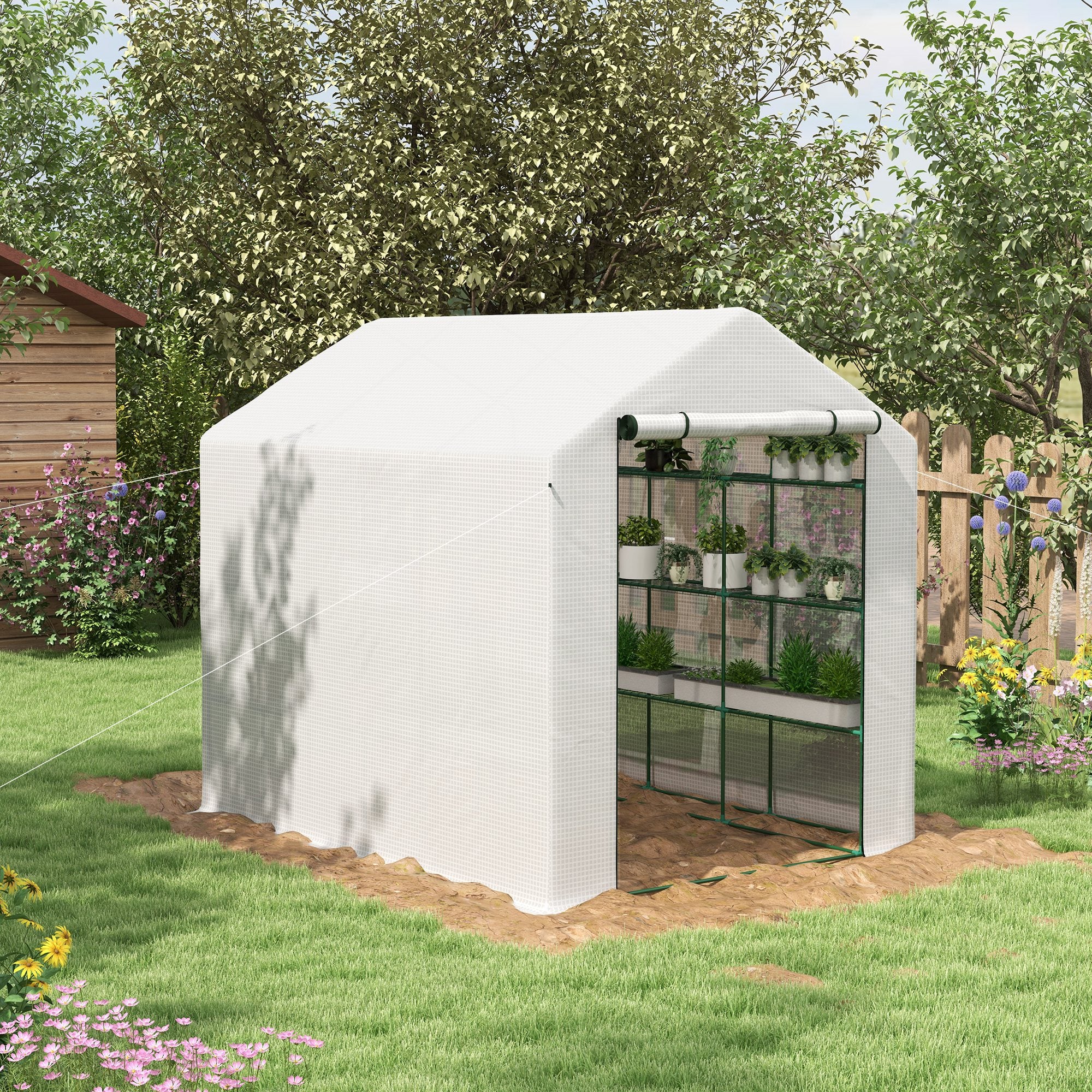 Walk-In Greenhouse 8x6ft with Shelves, White