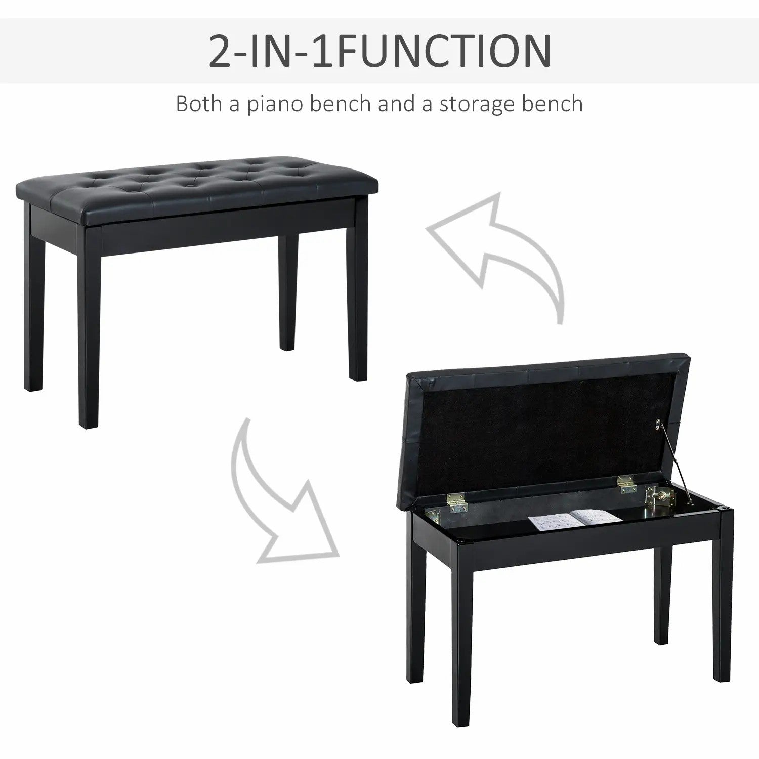 PU Leather Upholstered Piano Stool Makeup Stool Bench with Storage, Black