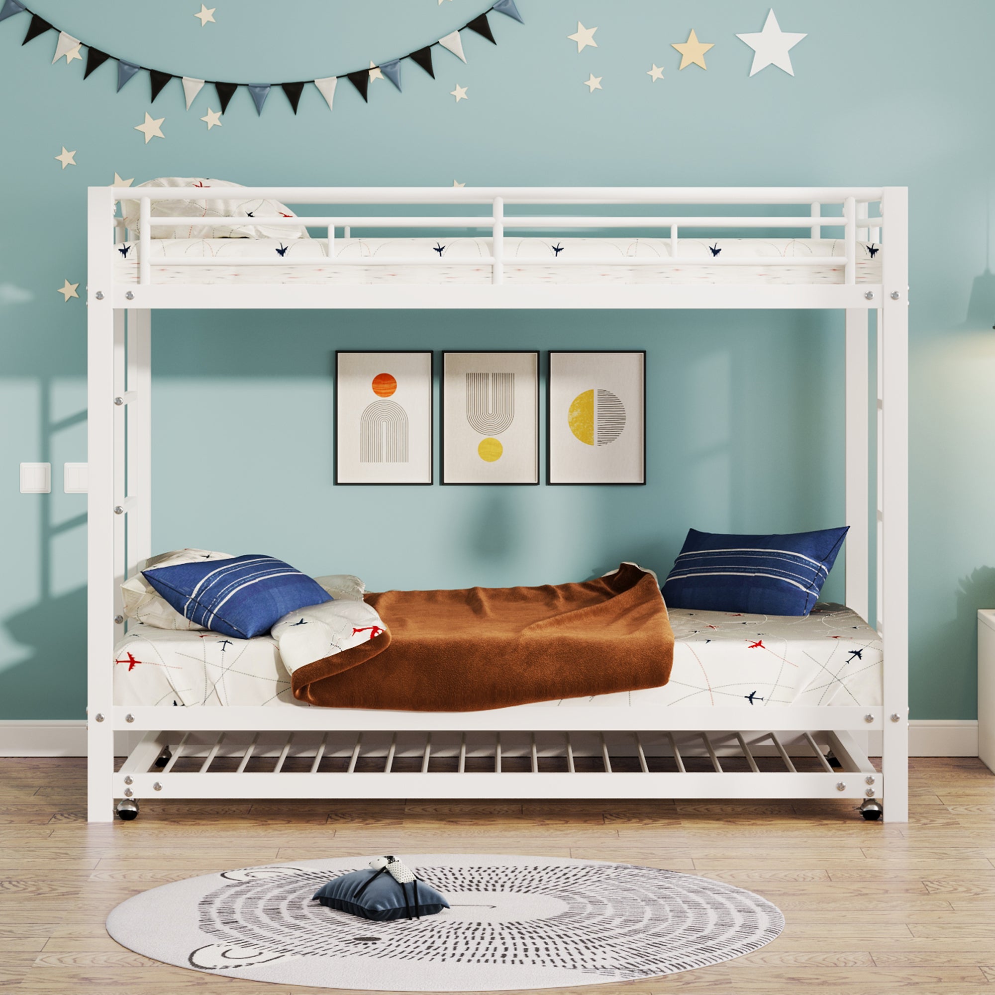 Bunk Bed, Pull-Out Bed, High Railings, EN747 Certified, Iron Frame, White