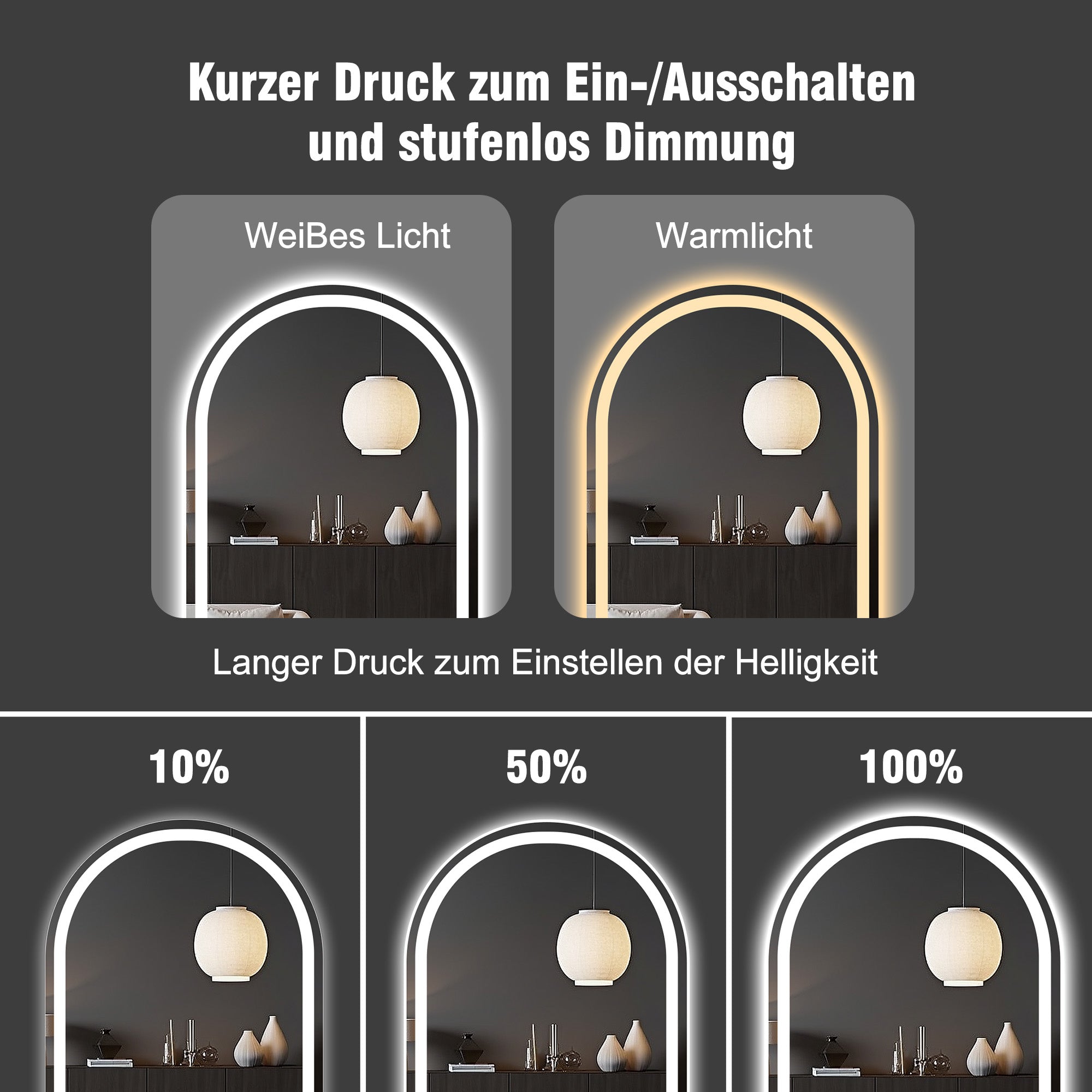 Arched Full-Length Mirror 165x50CM, LED Light, Dimmable 3-Color, Glass