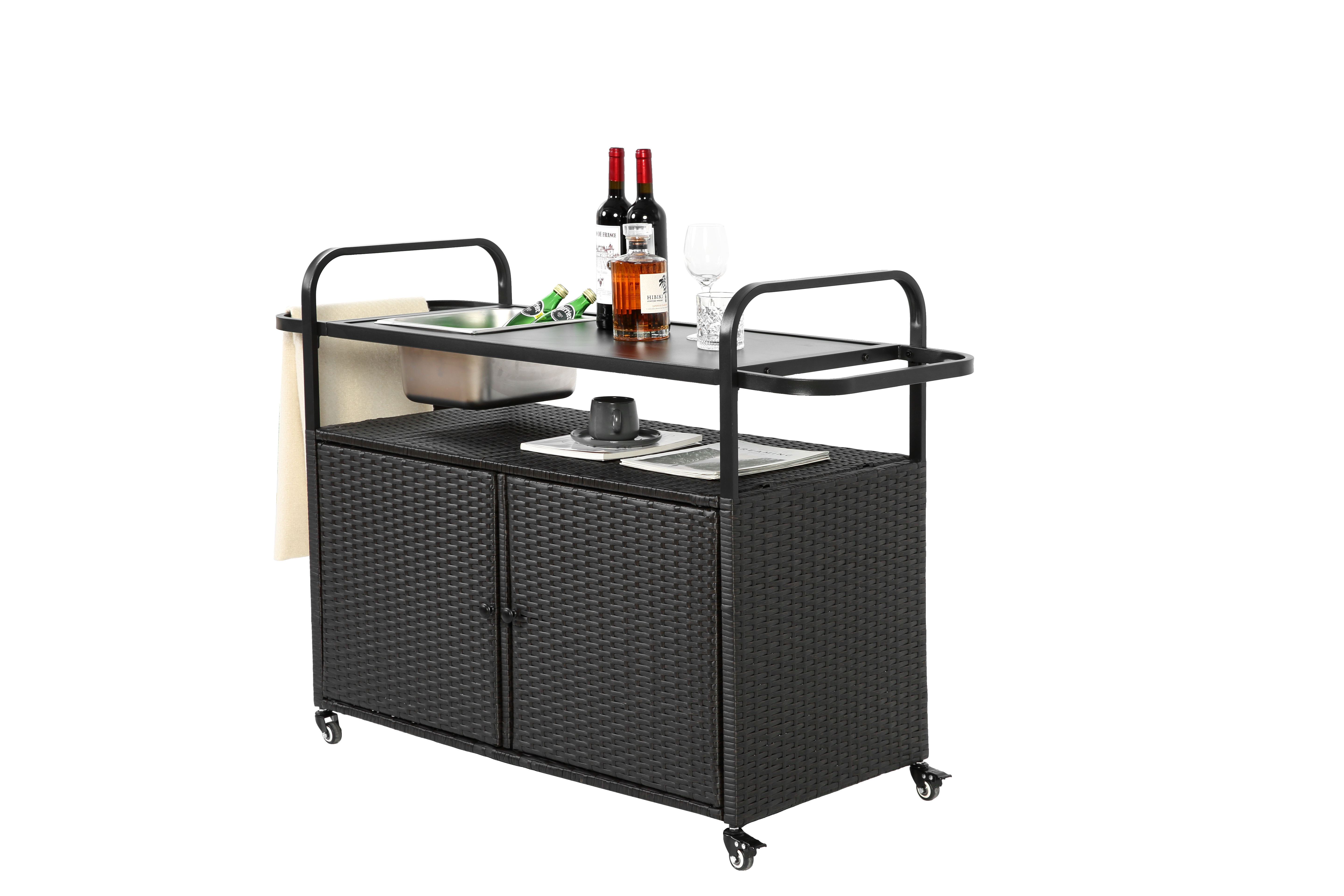 Outdoor Bar Table, Wicker Bar Cart with Cabinet, Patio Serving Cart with Steel Top, Ice Bucket, Lockable Wheels, Side Basket, Black