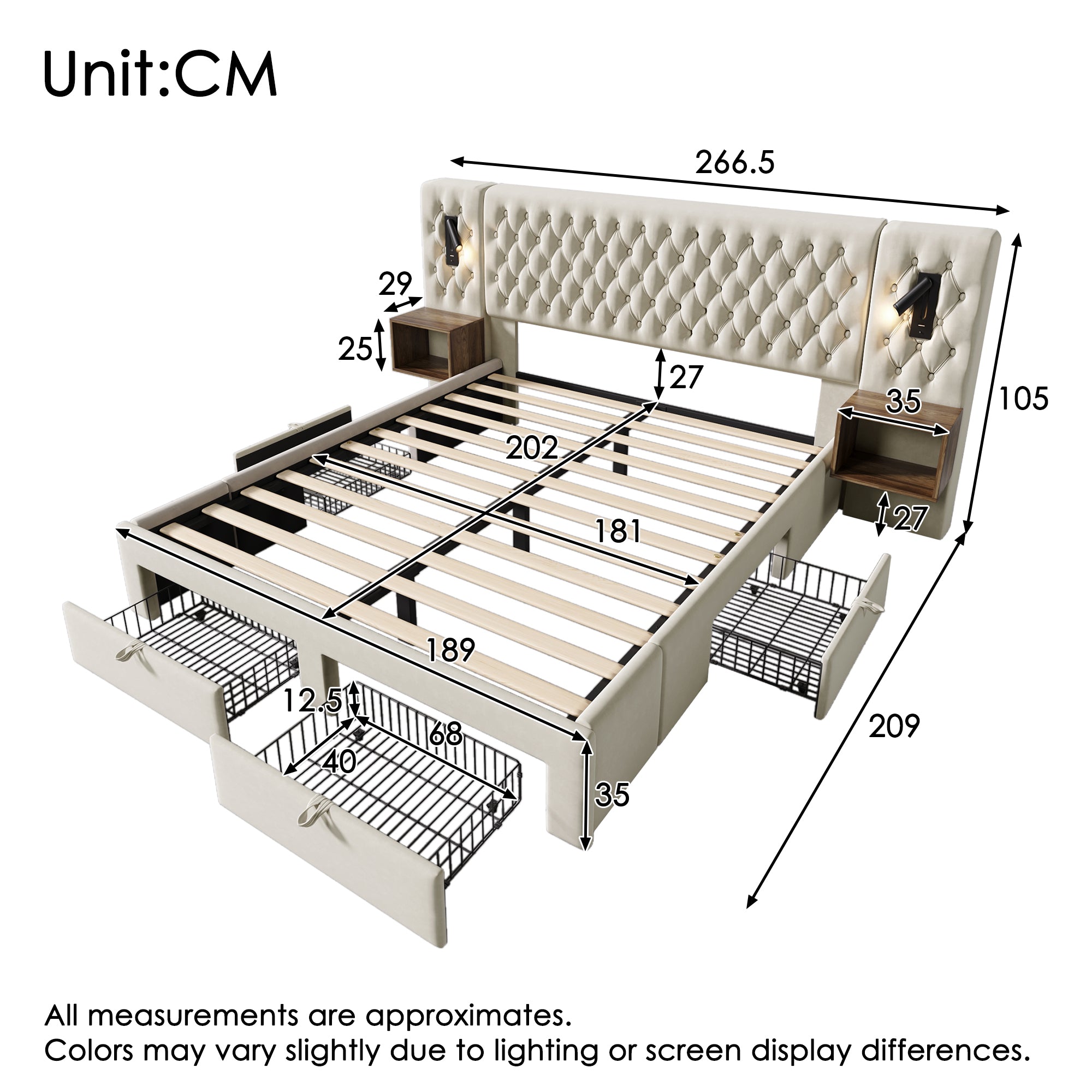 Bedroom Set, Upholstered Double Bed 180x200cm with 2 Nightstands, 4 Drawers, Headboard Reading Light, USB Charging, Beige Velvet