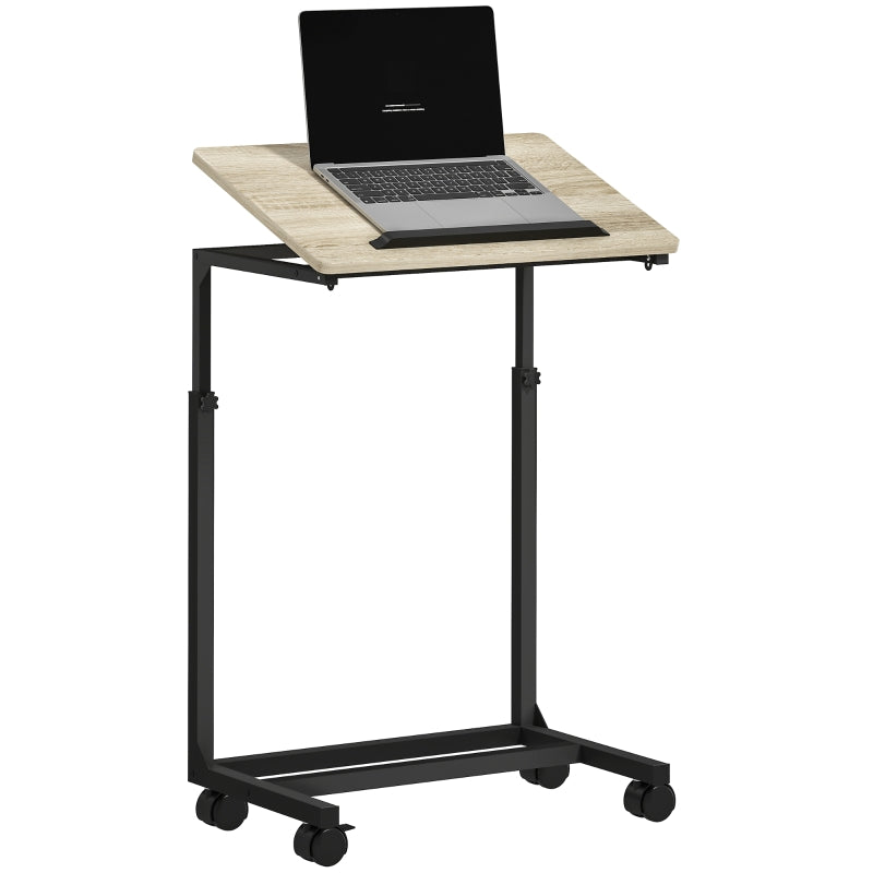 C-shaped side table, height-adjustable coffee laptop table with wheels, white