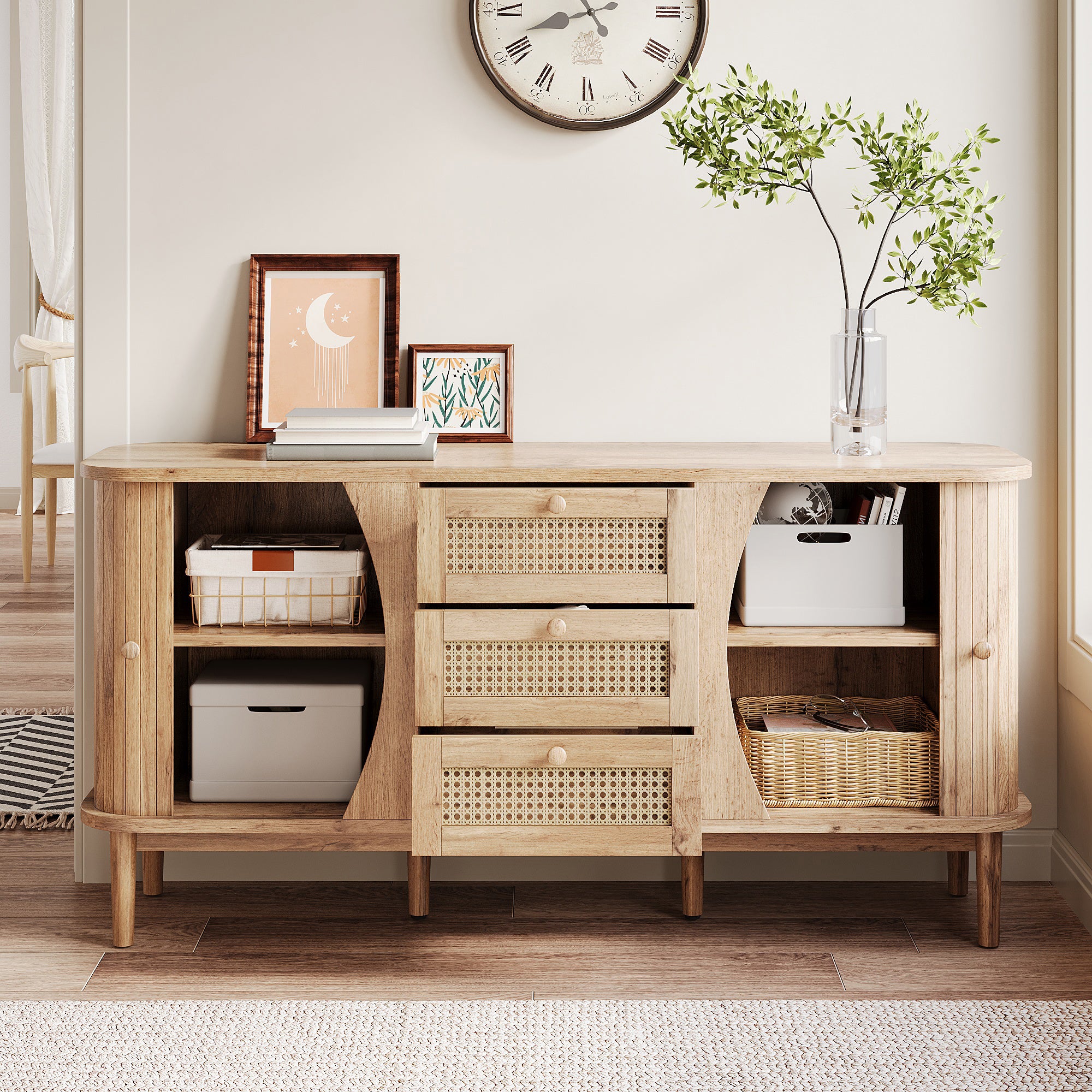 Sideboard Rattan Sliding Door Chest, Adjustable Shelves Rounded Top