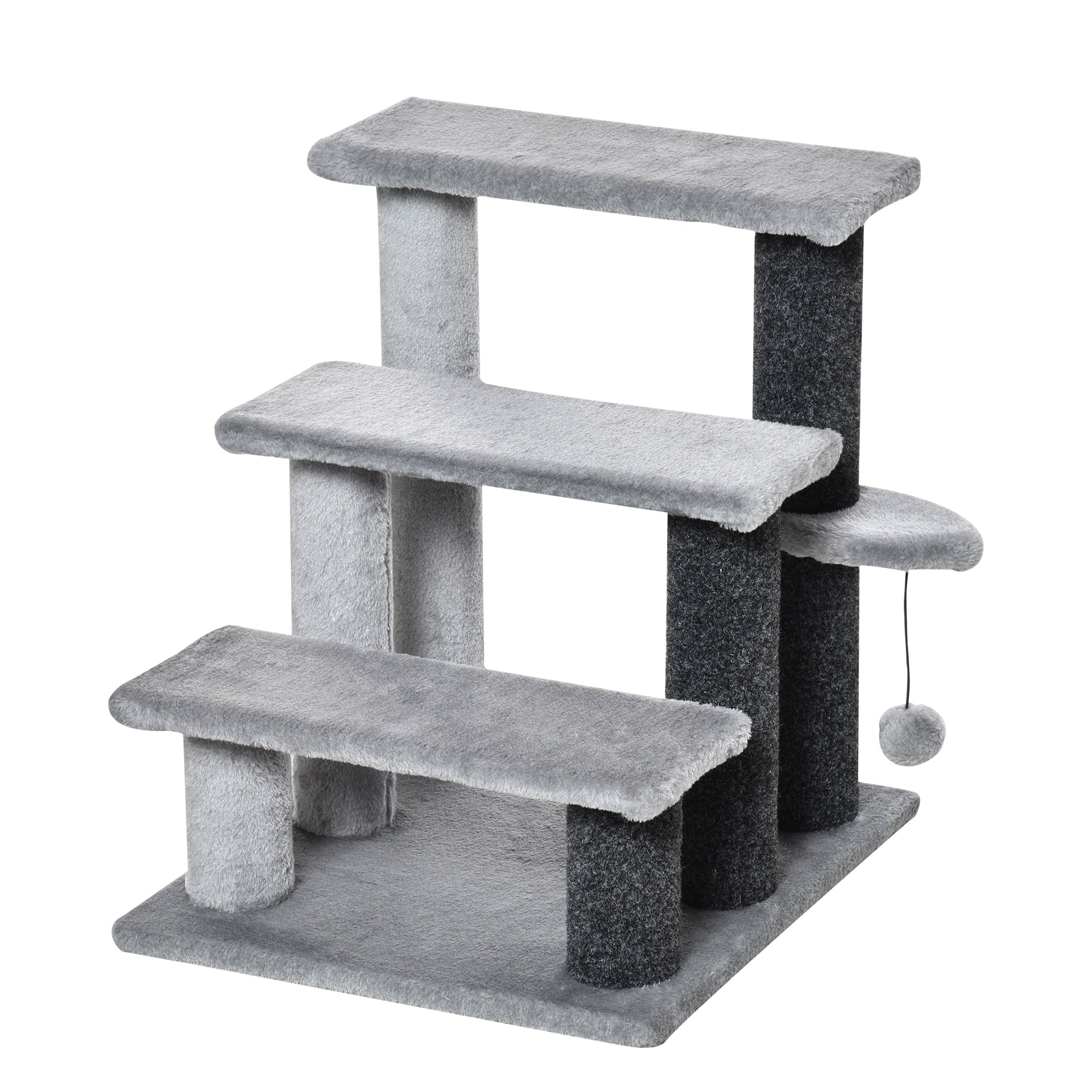 Cat Stairs 3 Steps with Play Ball, Plush Grey