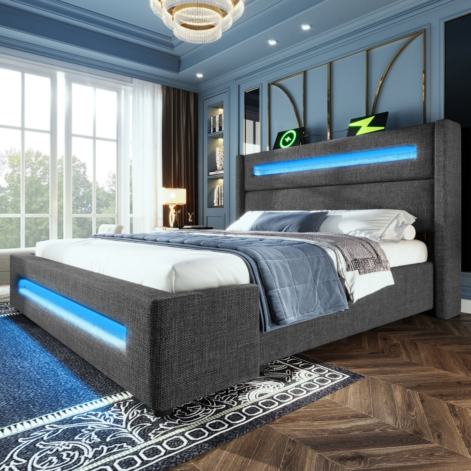 Upholstered Double Bed, 160x200cm, LED & Hydraulic Storage, Gray Linen