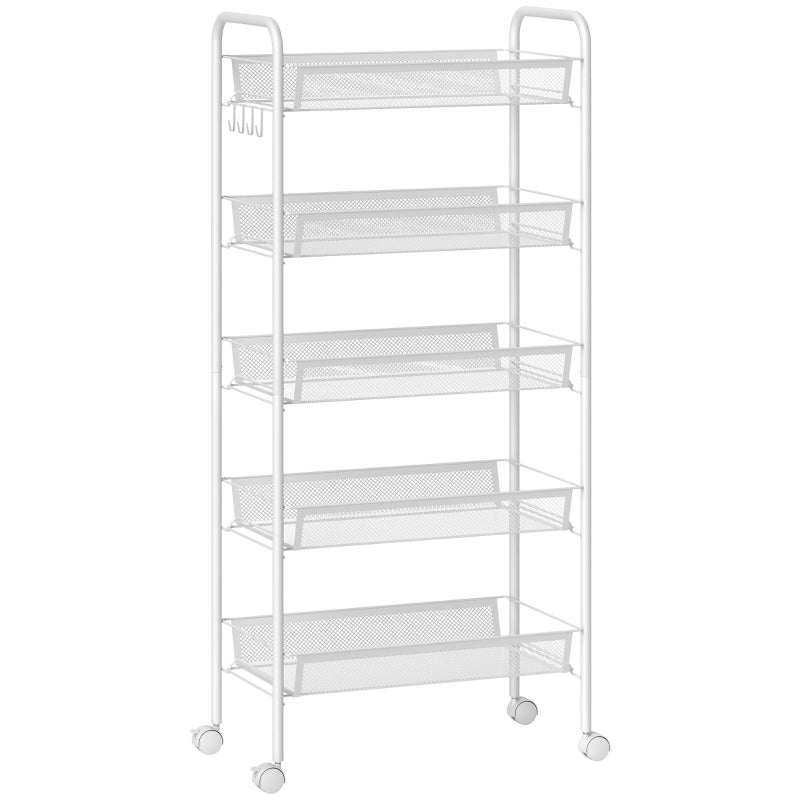 Storage Trolley 5-Tier Mesh Basket with Wheels, White Steel
