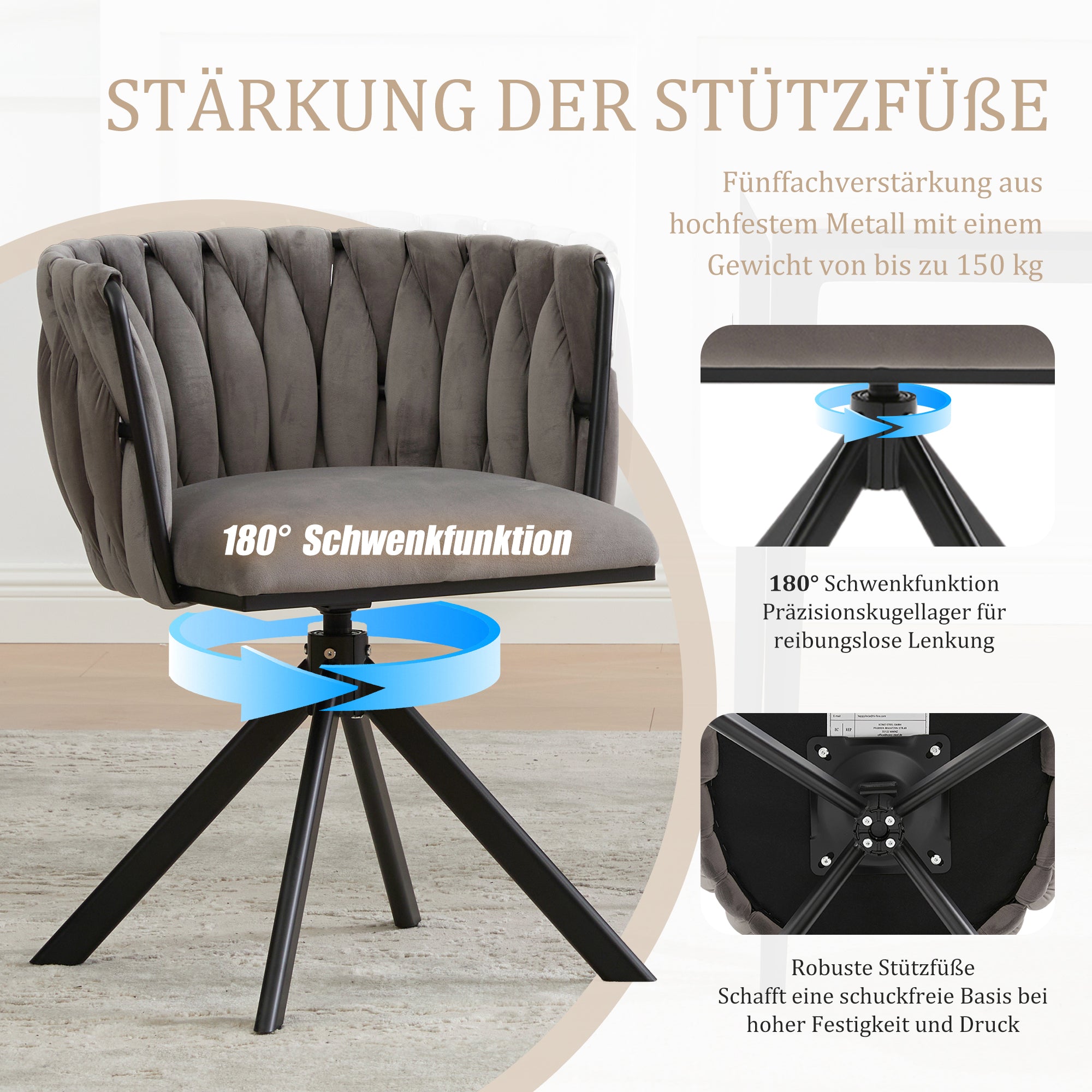 Velour Armchair, 180° Swivel, Ergonomic, Heavy-Duty Metal Frame