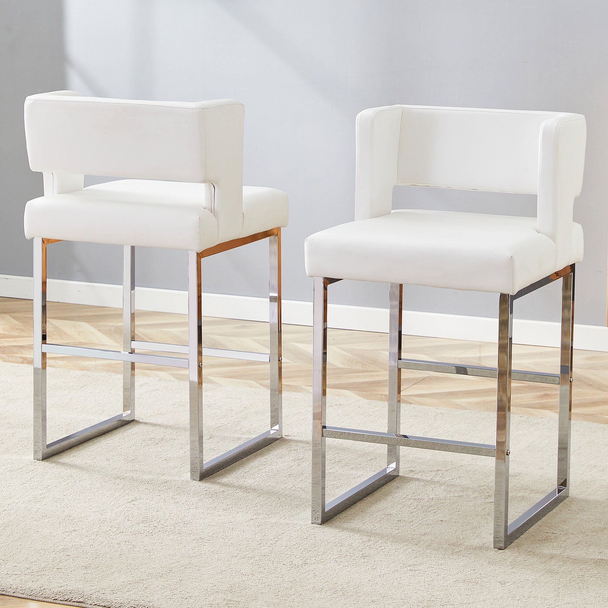 Bar Stools (2-Pack) Nordic Style Square Design, Silver Metal Legs