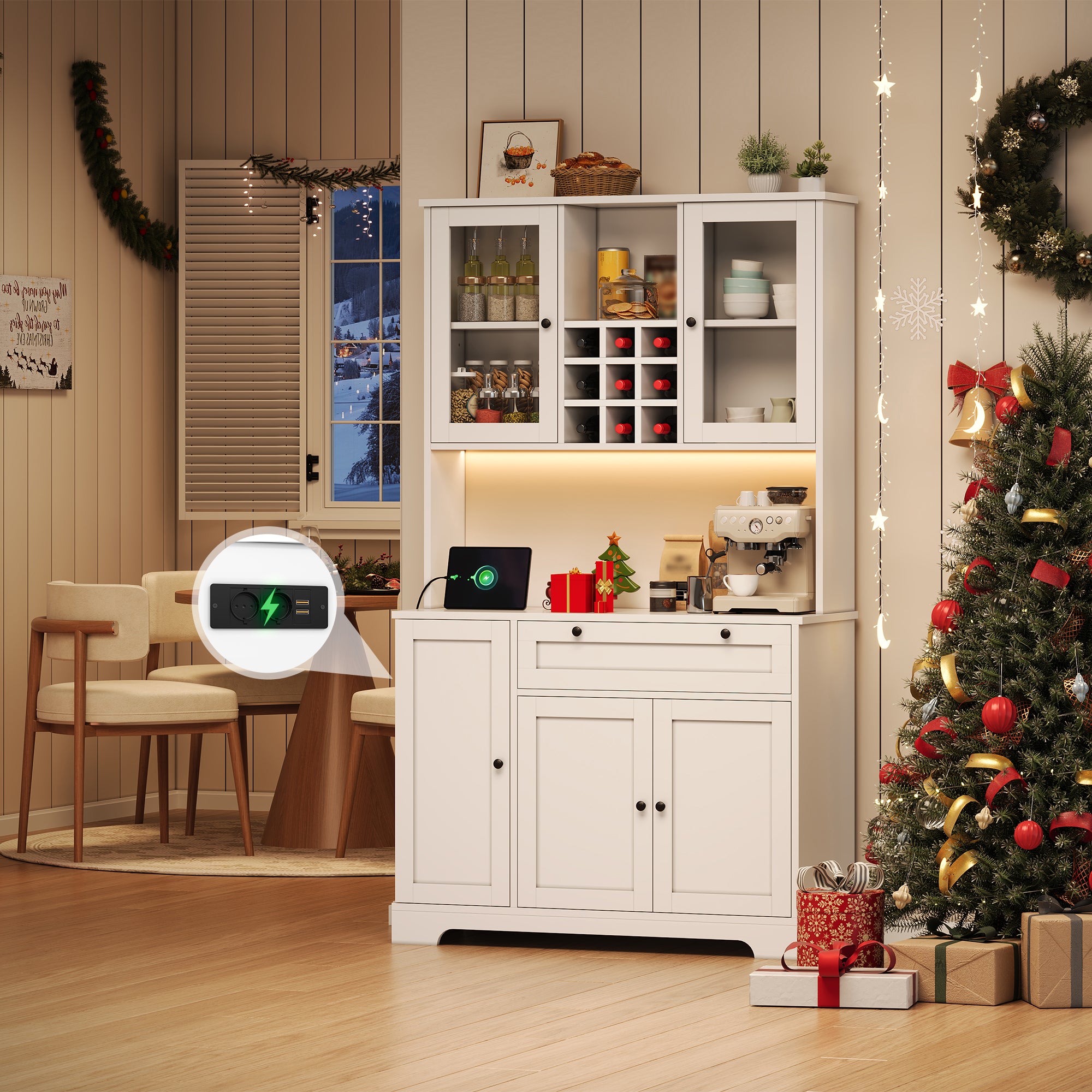 Tall Kitchen Cabinet with LED Lighting, Power Outlet and Spice Rack, White and Wood Look