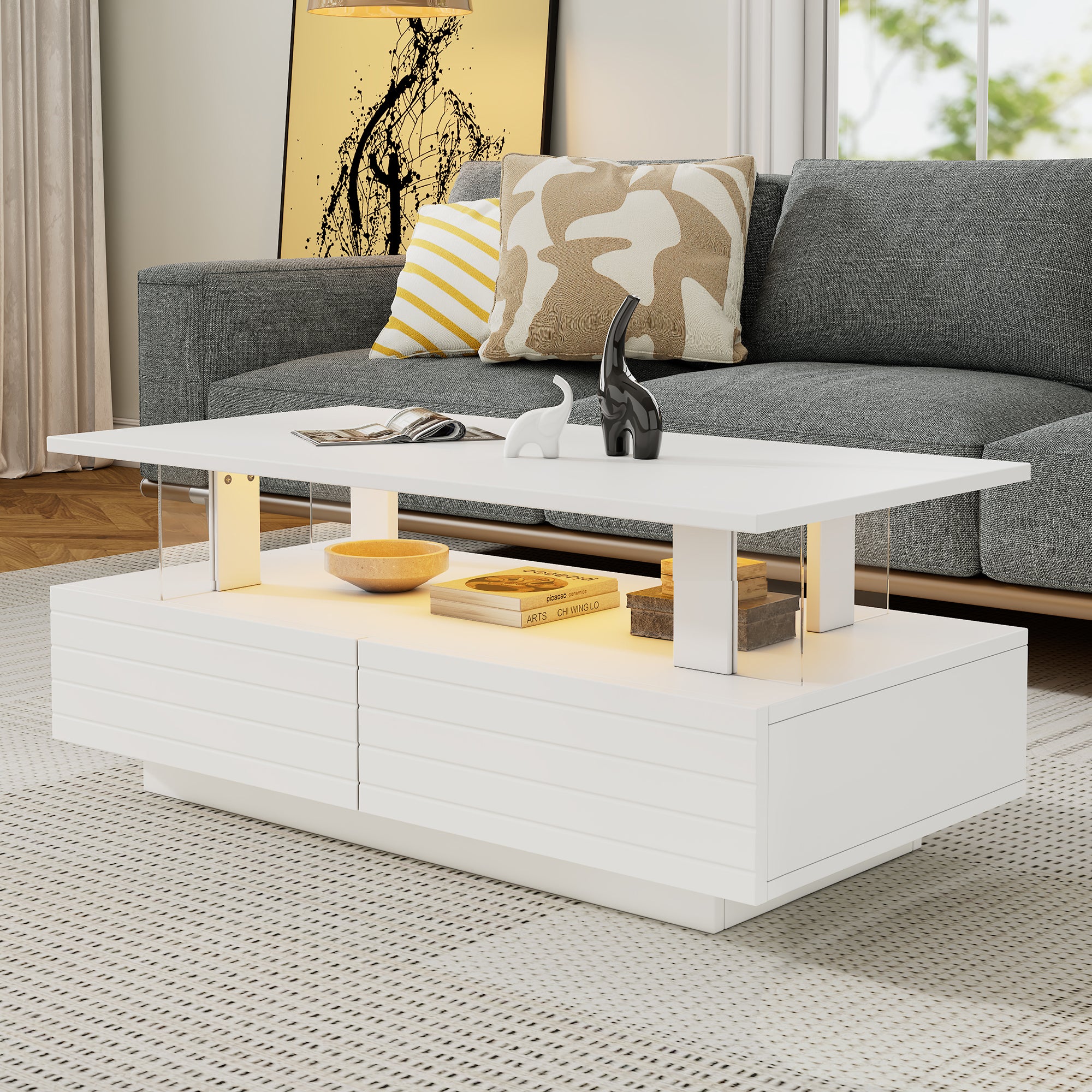 LED Coffee Table, Storage, Double-Layer Rectangular with Bluetooth App, White