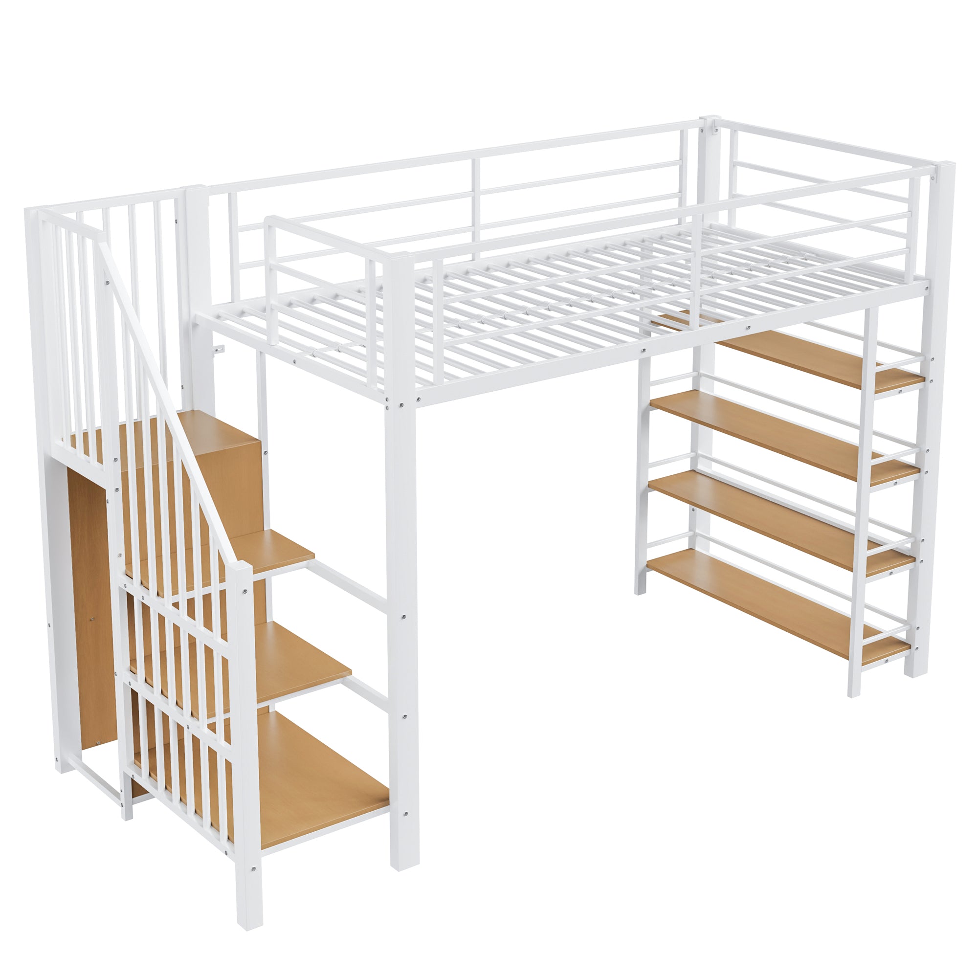 Loft Bed 90*200, Safety Stairs, Storage & Wardrobe, White