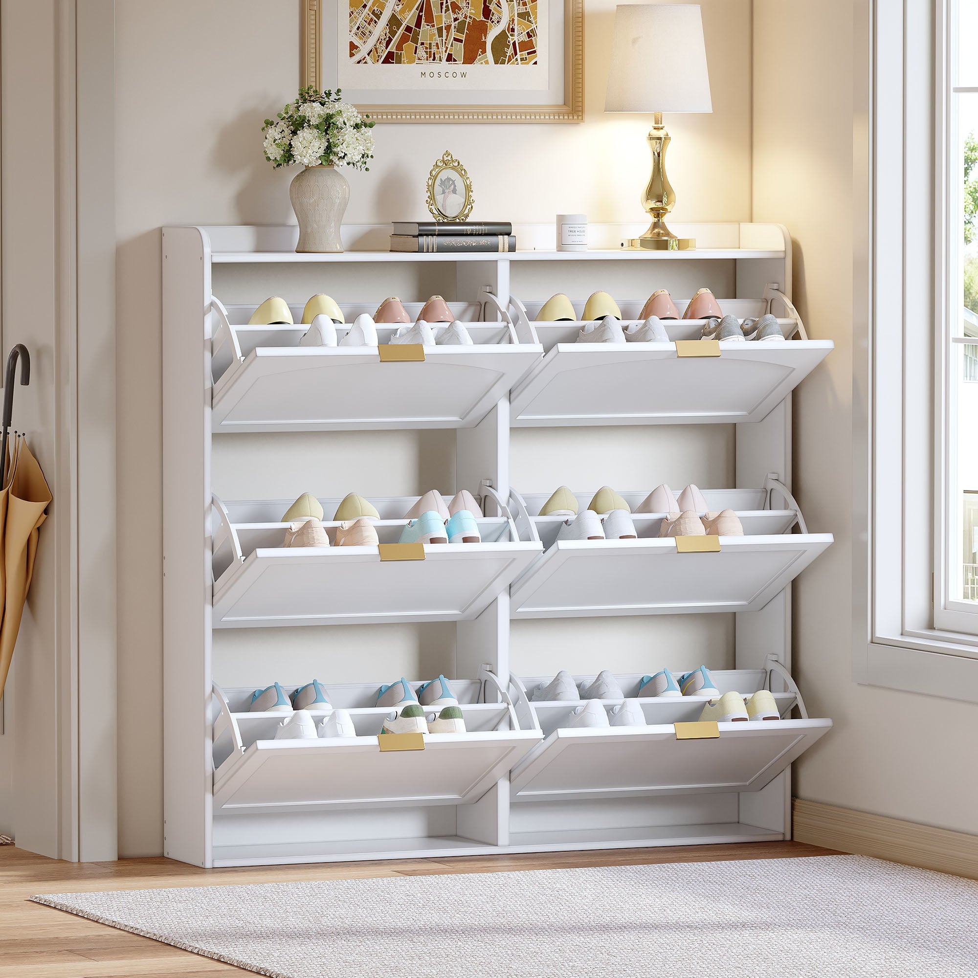 Space-Saving Tall Shoe Cabinet 6 Drop-Down Compartments Freestanding White