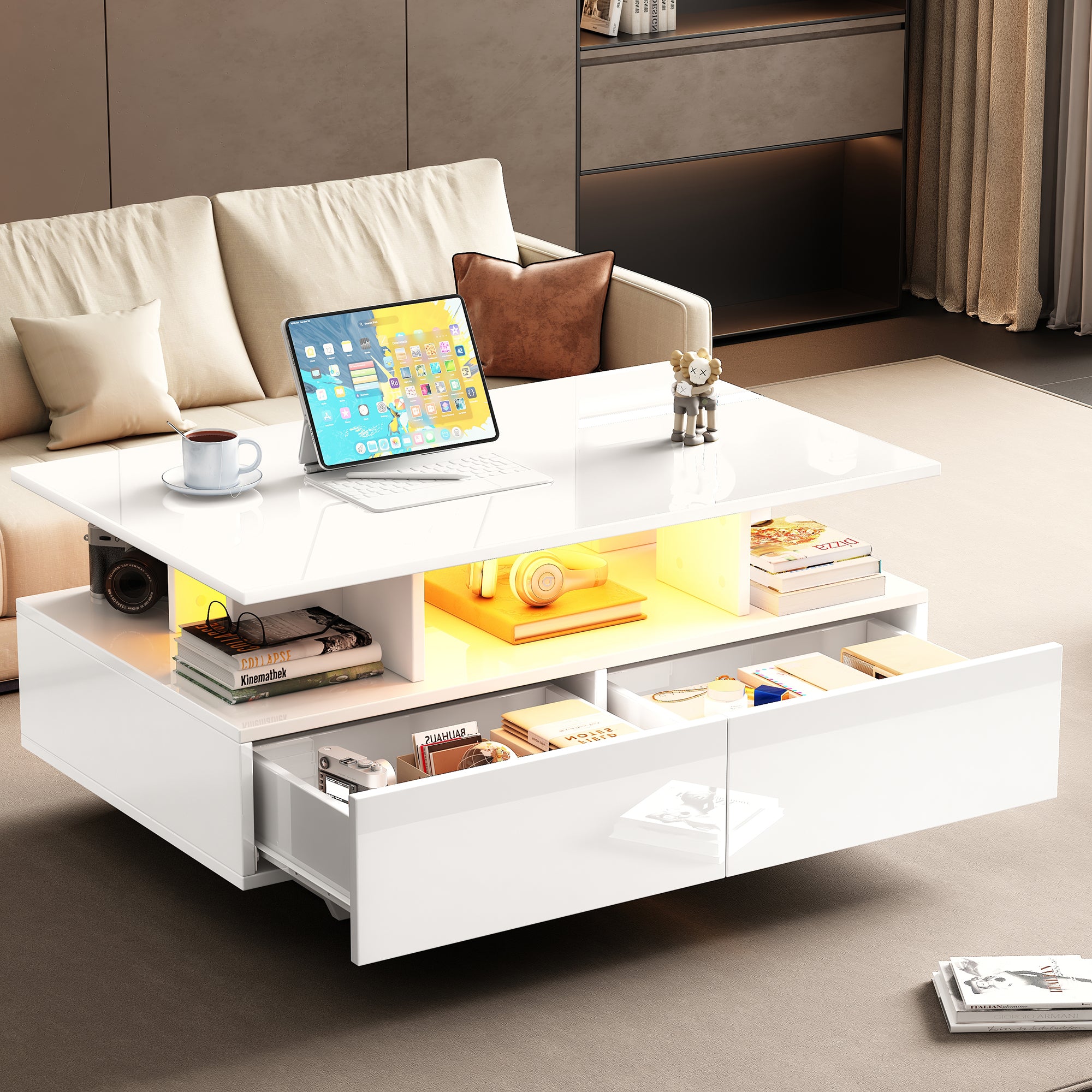 Modern high-gloss coffee table with LED lighting and 2 drawers 90x55x41 cm, 30 kg load capacity