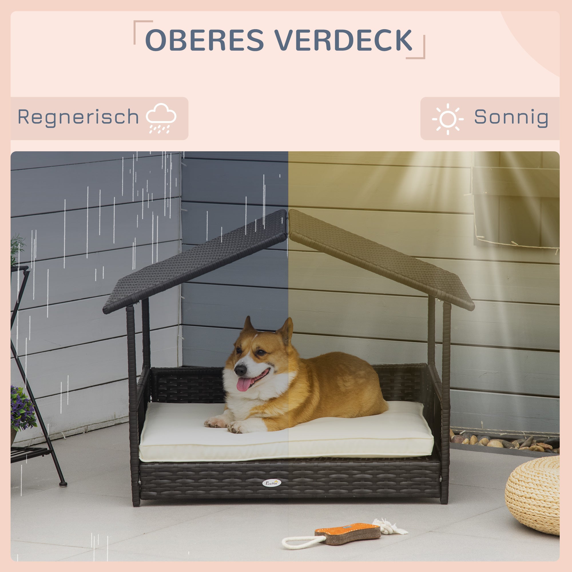 Rattan Dog House, Outdoor Bed, Steel Frame, Coffee-Brown