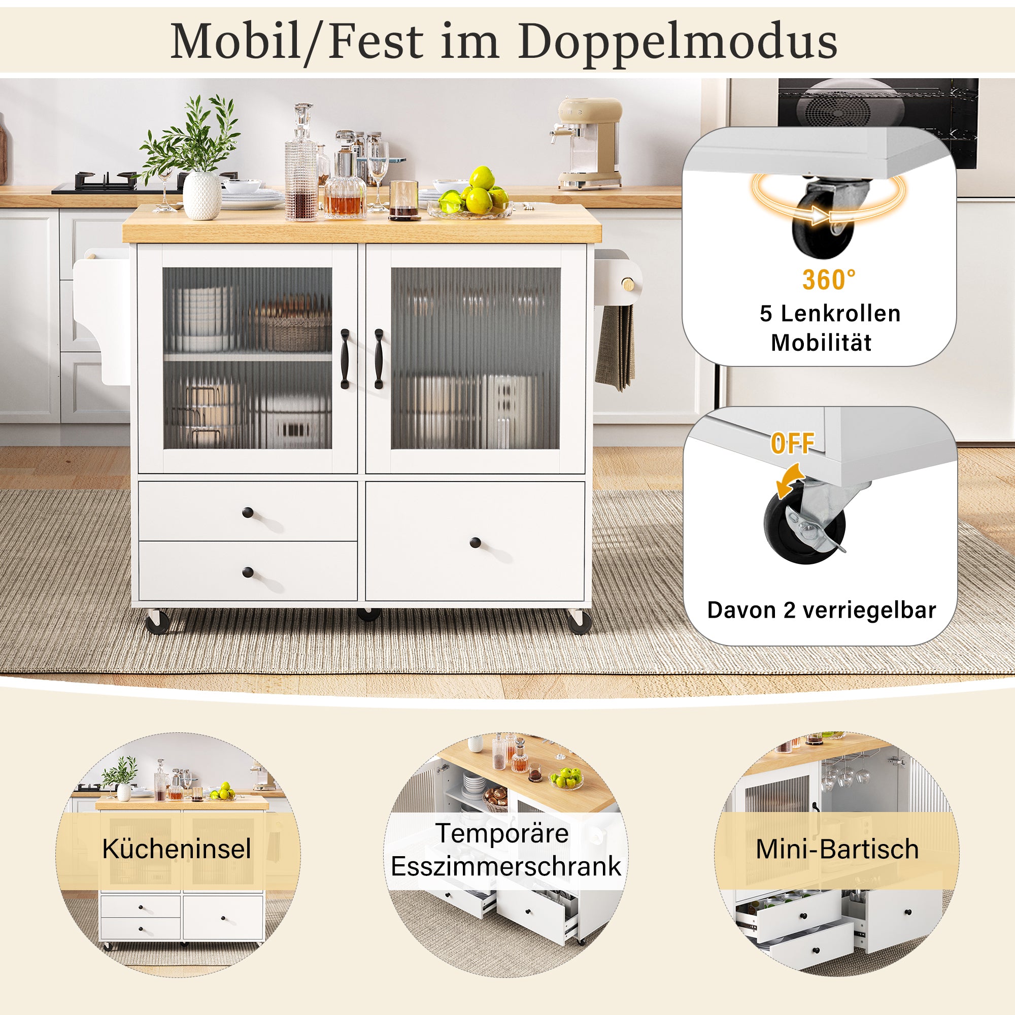 Mobile Kitchen Island Extendable Table Wheels Wine Glass Holder Storage - White