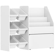 Children's Toy Shelf, 6 Containers Book Display Rolling Box 100x30x80cm, MDF Steel White