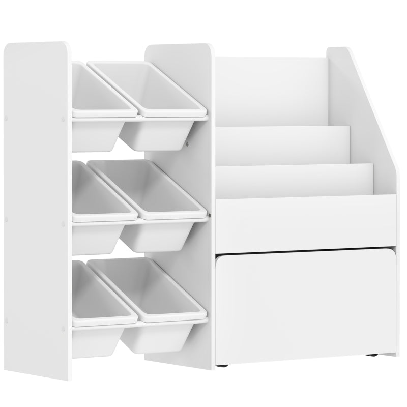 Children's Toy Shelf, 6 Containers Book Display Rolling Box 100x30x80cm, MDF Steel White