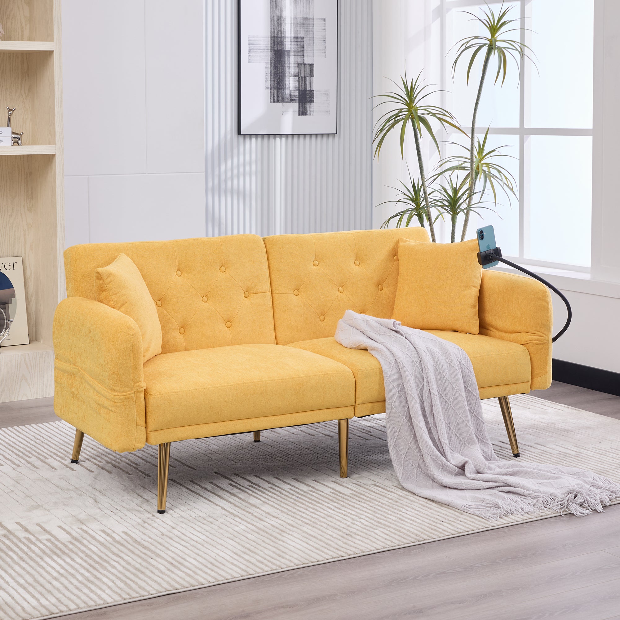 Sofa Bed, Multifunctional Folding with Adjustable Backrest, USB Ports, Side Pocket, Metal Legs