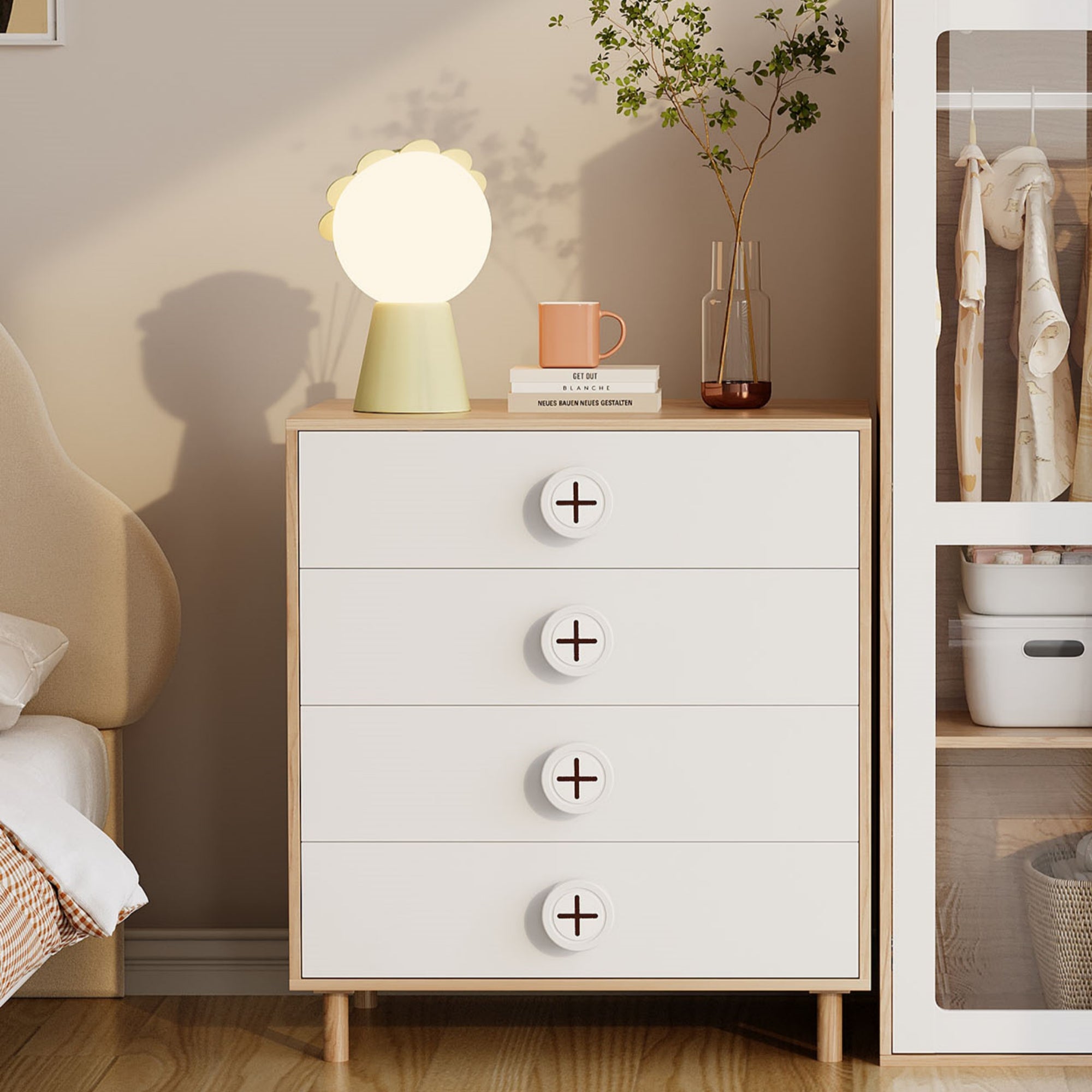 Nightstand/Chest of Drawers 4-Drawer Storage Cabinet Lacquered Panel White