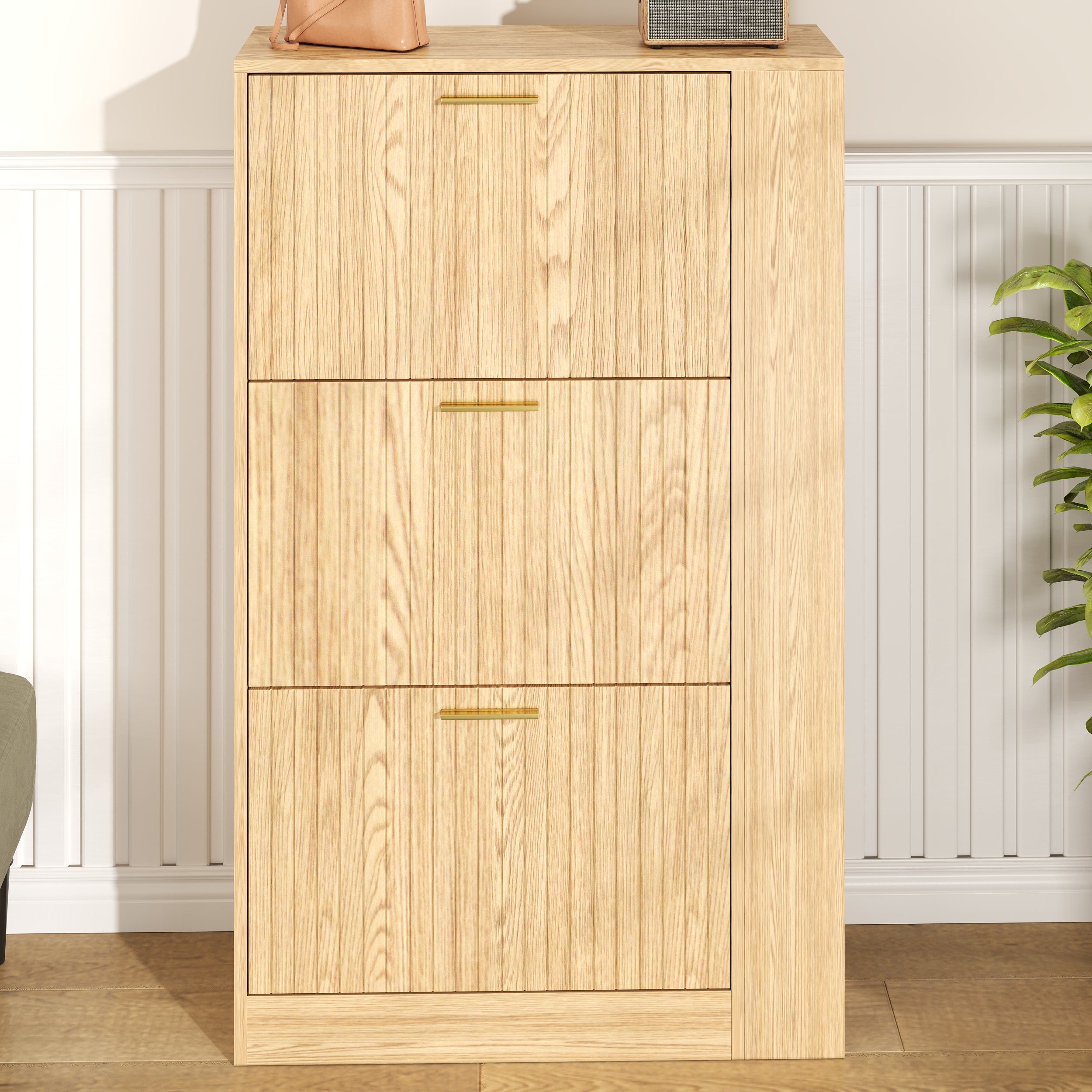 Shoe Cabinet, Three-Door, Large Capacity with Open Shelves, Natural Wood