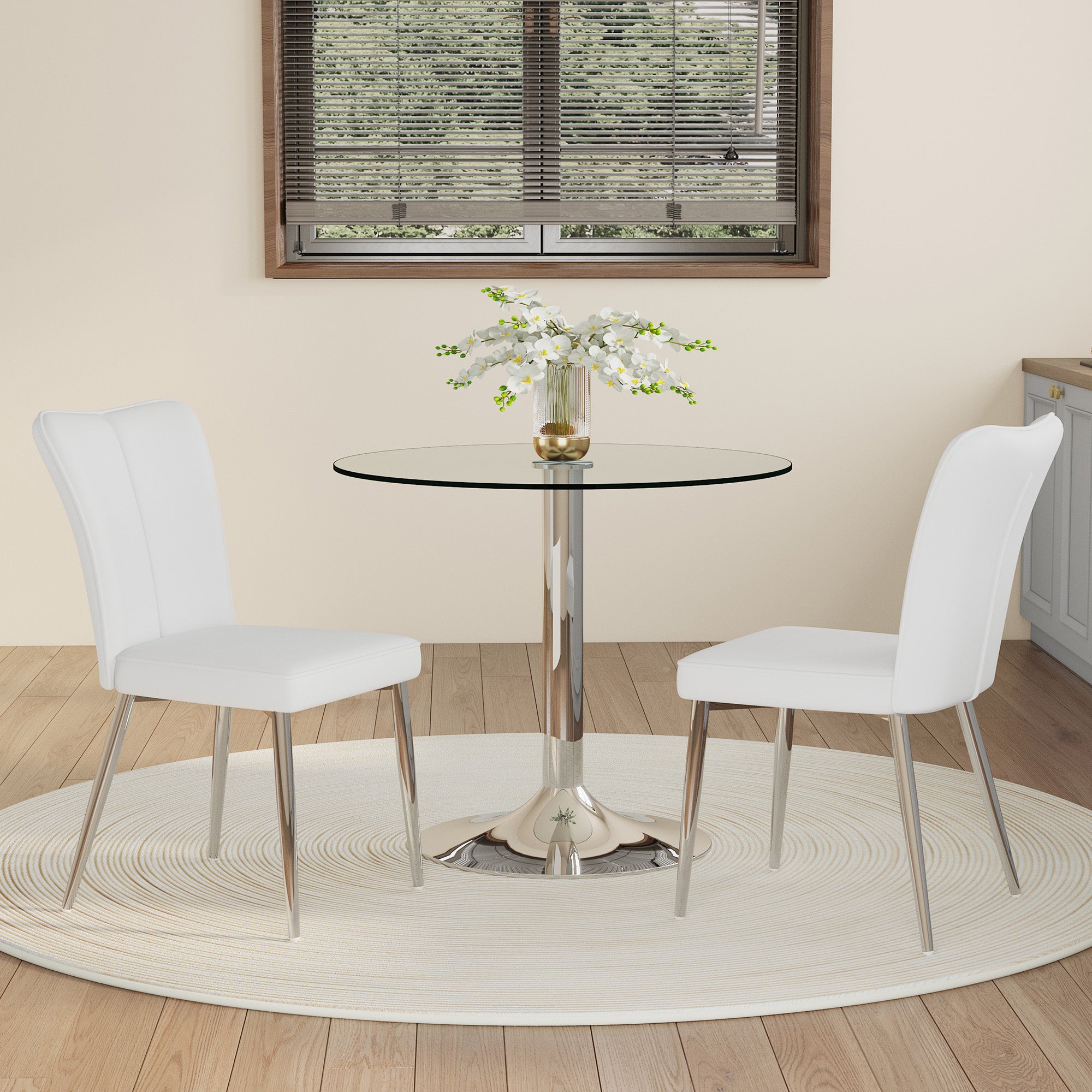 Dining Table Set, Minimalist 85cm Tempered Glass Table with 2 PU Chairs, White