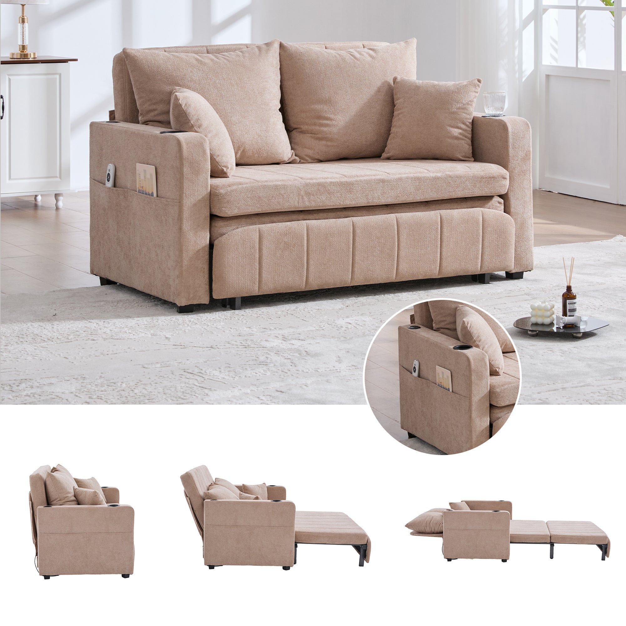 Multifunctional Sofa, Folding Pull-Out with Storage & USB, Fabric