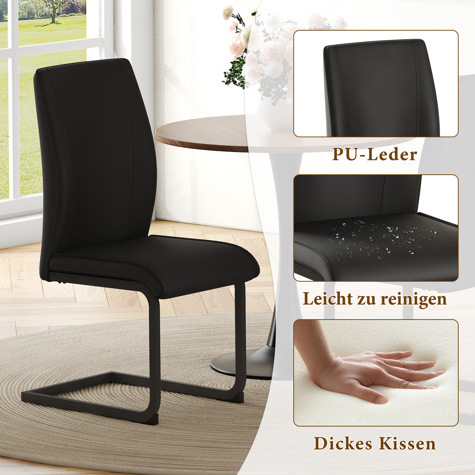 2-piece Set Dining Chairs with Black Metal Legs, Ergonomic Design, Black PU