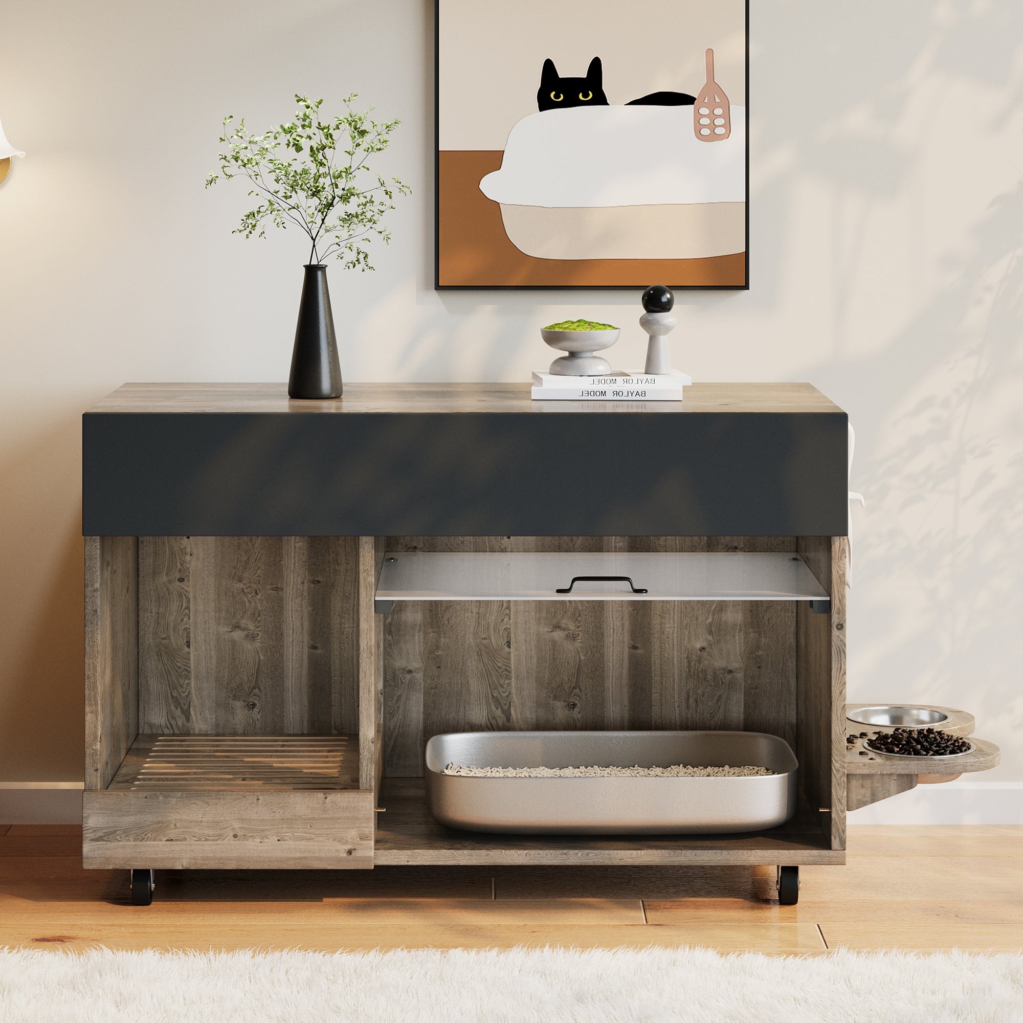 Movable Cat Litter Box Cabinet Food Bowls Sand Tray Pegboard 100x45.5x67cm - Oak