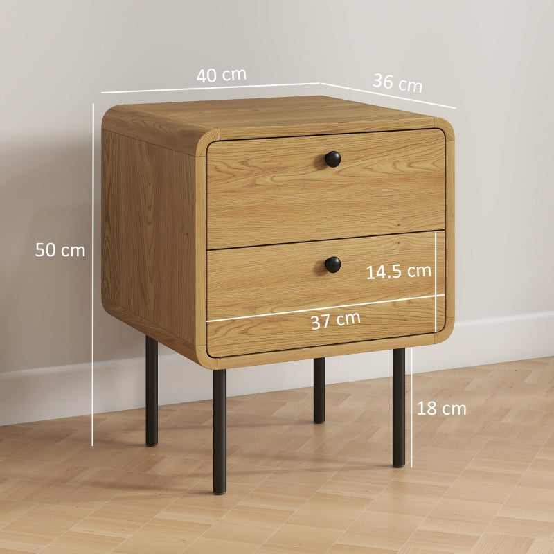 Bedside Table with 2 Drawers Steel Legs - Oak