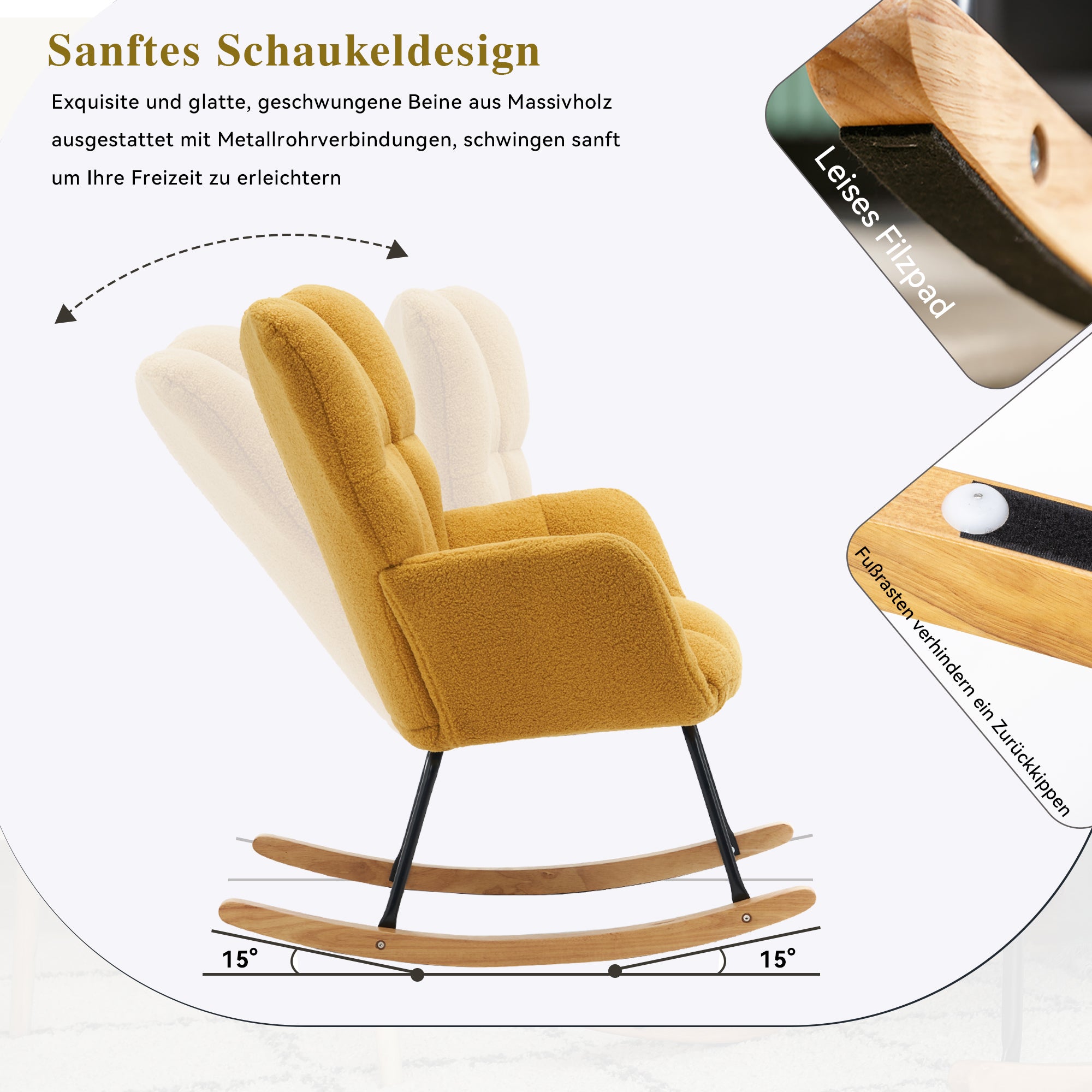 Mid Century Modern Rocking Chair with Tufted Cover, Padded Seat, Teddy Fabric, Yellow