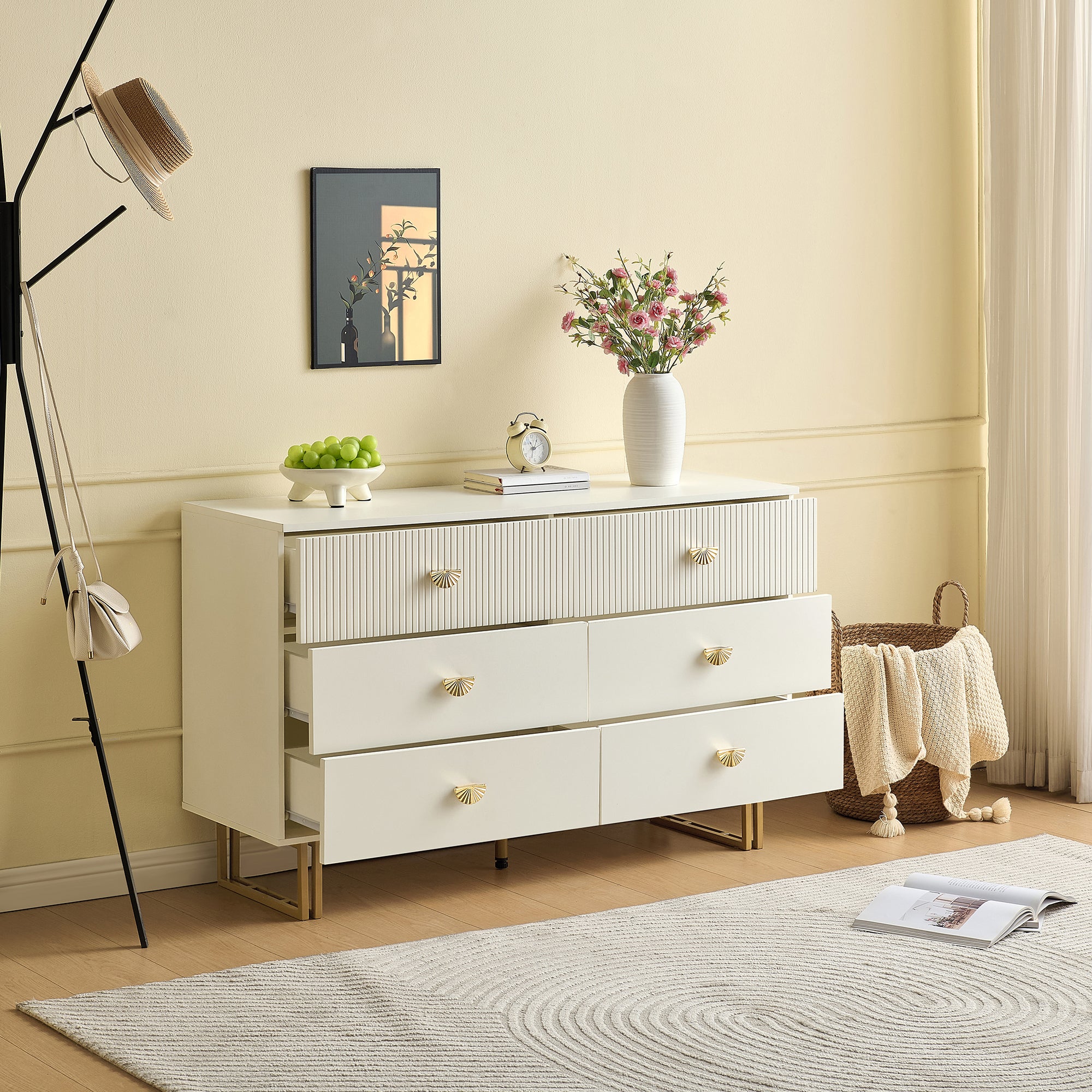 Sideboard, 6-Drawer Elegant Design, White and Gold MDF and Steel