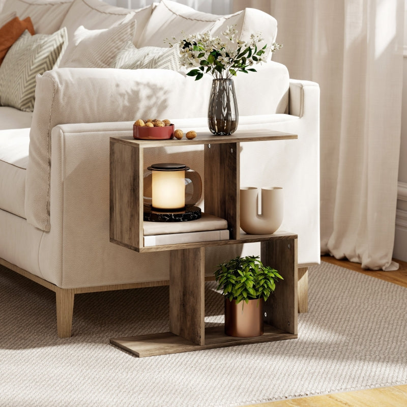 Side Table Narrow End Table S-Shaped 3-Tier Storage Shelves Oak