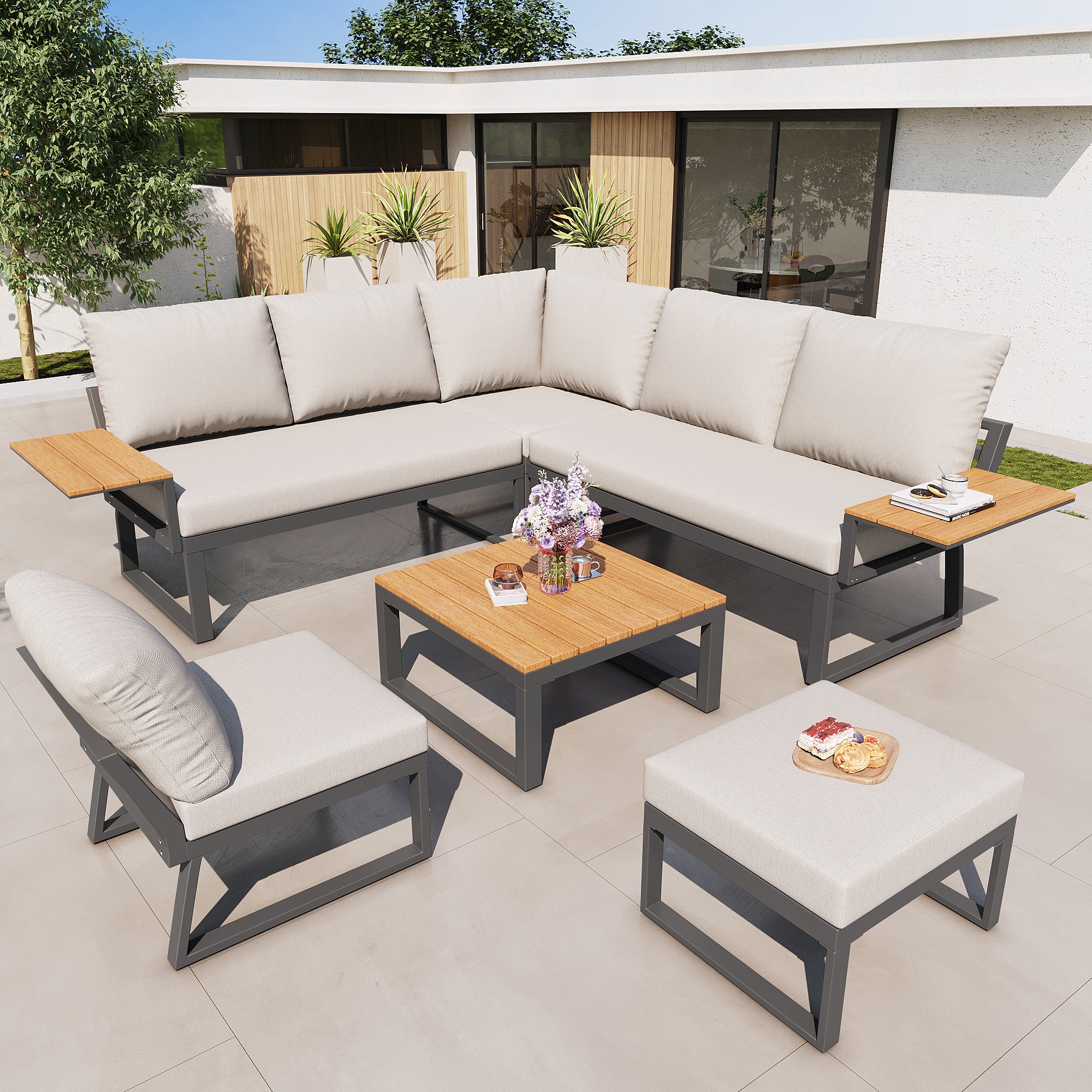 L-shaped Garden Sofa Set 7-Seater Lounger with Table Armchair Stool - Grey/Beige